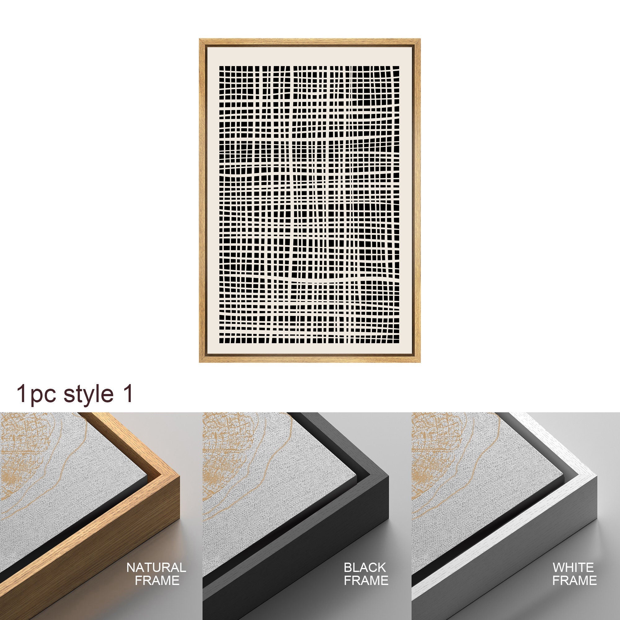 Framed Canvas Print Wall Art Set Geometric Black Grid Wave Pattern Abstract Drawings Modern Art Neutral Minimalist Decor