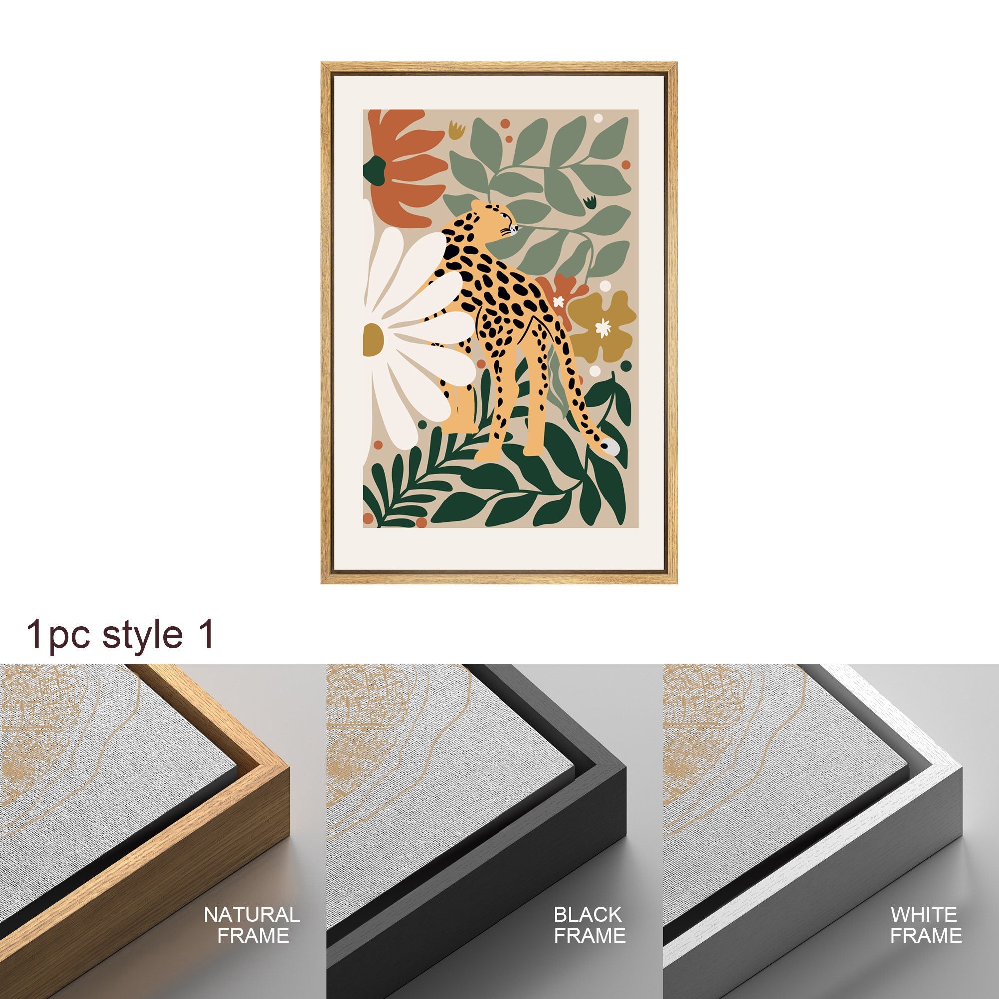 Framed Canvas Wall Art Set of 3 Cheetah Cats Animal Floral Botanical Prints Minimalist Modern Art Boho Decor Preppy Room Decor