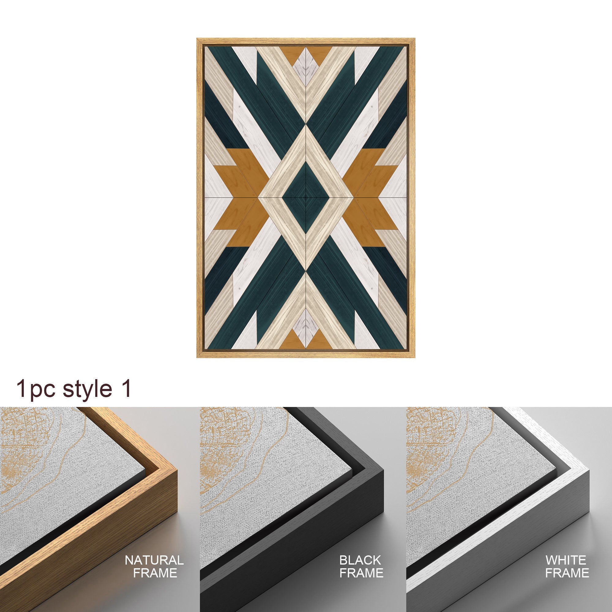 Framed Canvas Wall Art Set Southwestern Wood Panel Geometric Diamond Pattern Collage Print Abstract Modern Wall Art Rustic Western Decor