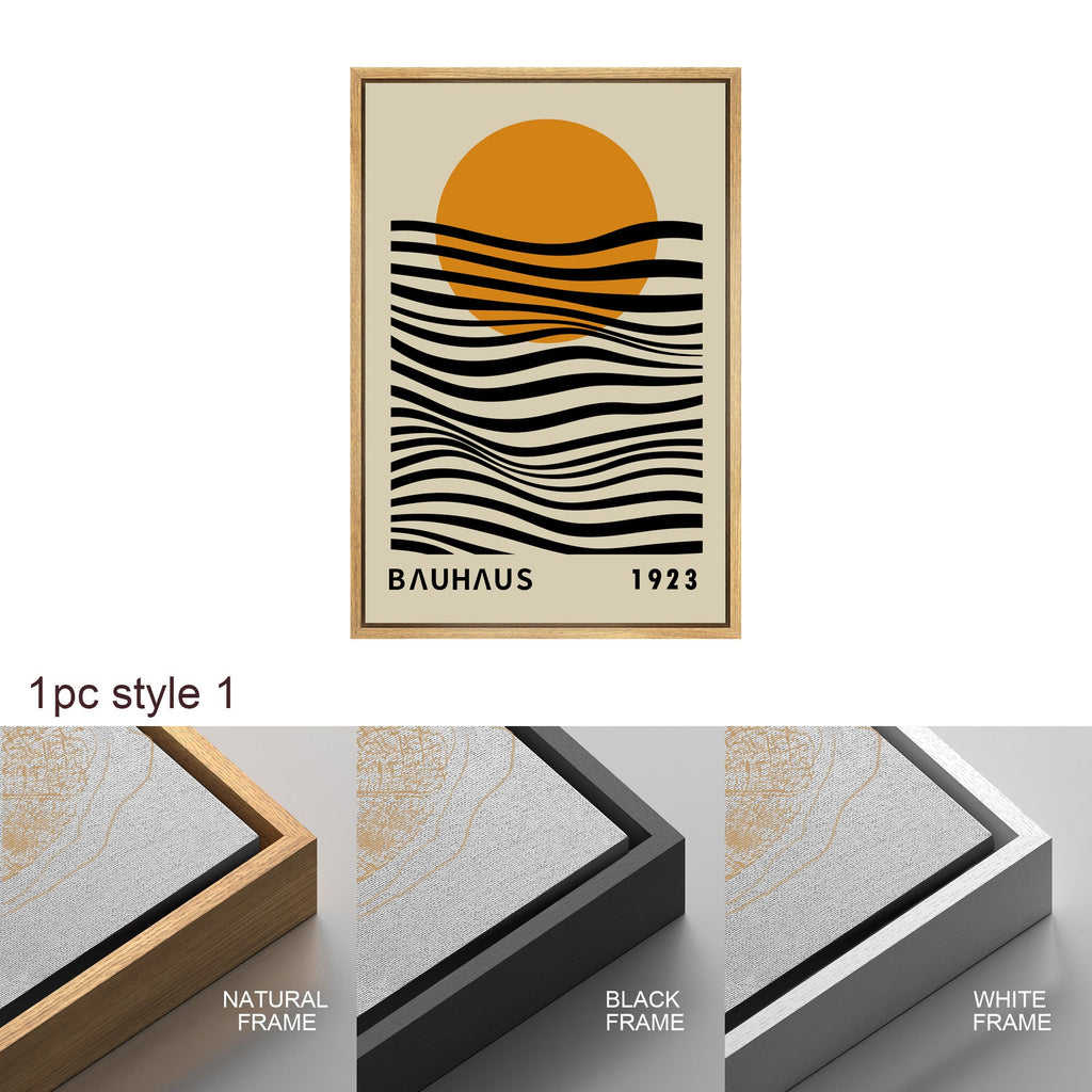 Framed Canvas Print Wall Art Bauhaus Sun and Waves Abstract Illustration Mid Century Modern Wall Art Minimalist Decor