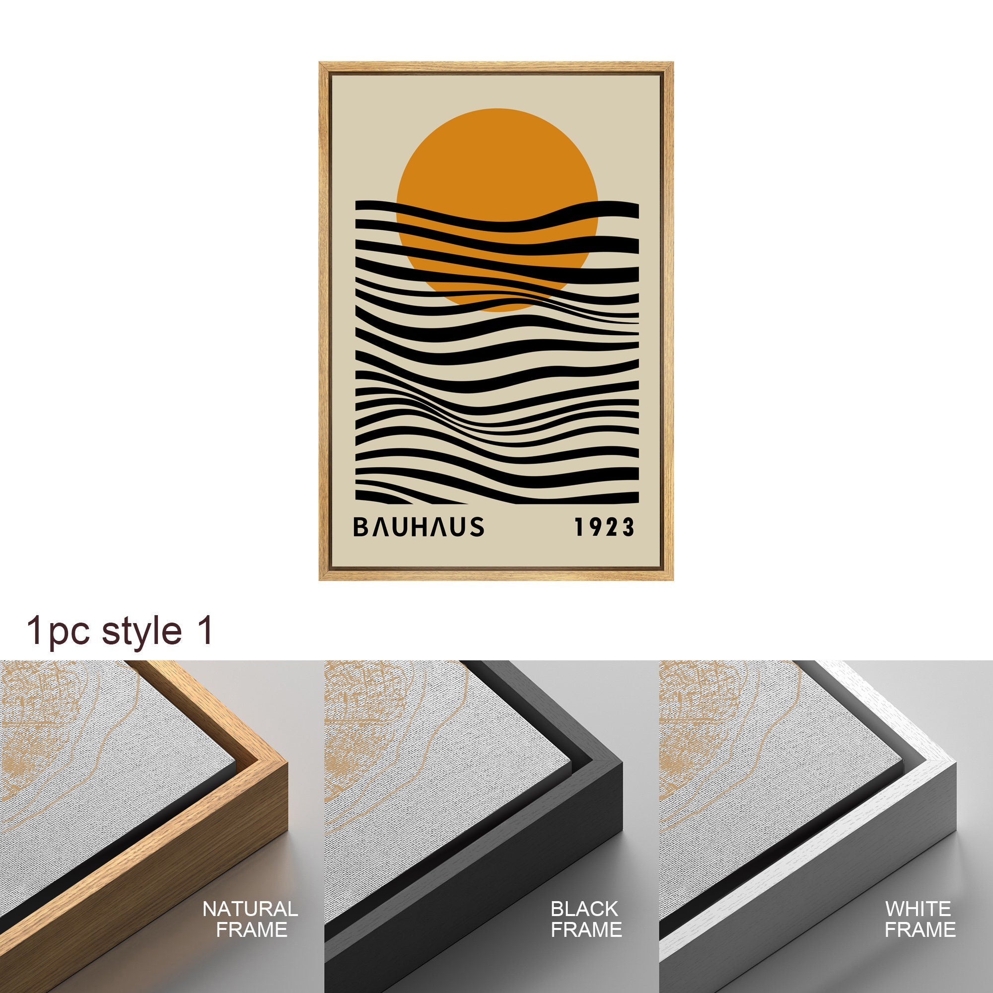 Framed Canvas Print Wall Art Bauhaus Sun and Waves Abstract Illustration Mid Century Modern Wall Art Minimalist Decor