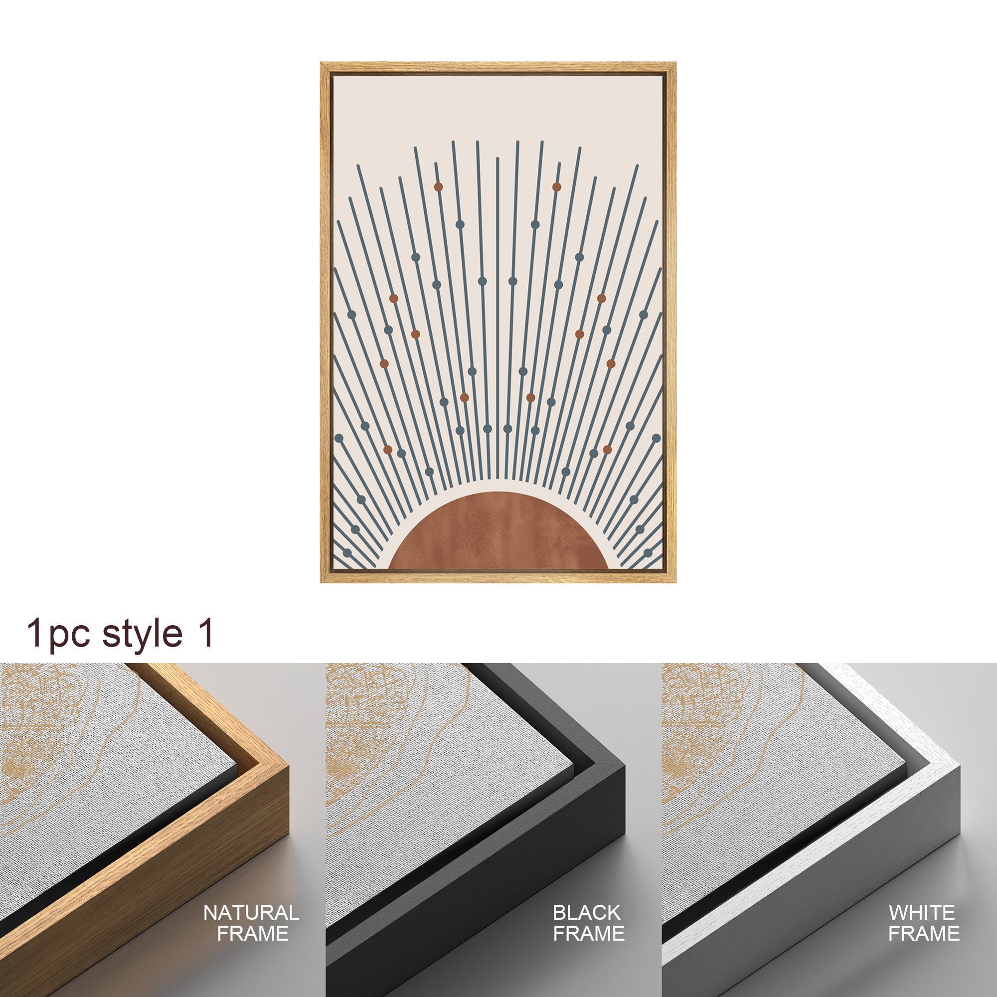 Framed Canvas Print Wall Art Set of 3 Geometric Sun Abstract Illustration Mid Century Modern Wall Art Minimalist Boho Decor
