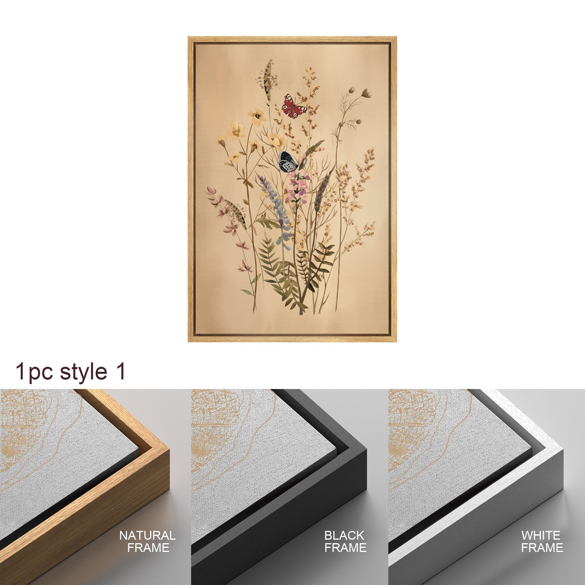 Framed Canvas Print Wall Art Set of 3 Wildflower Floral Botanical Illustrations Minimalist Art Neutral Modern Farmhouse Decor