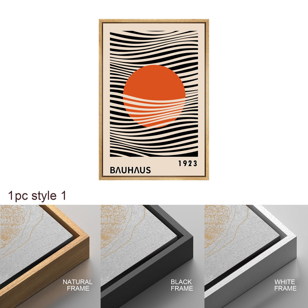 Framed Canvas Print Wall Art Bauhaus Sun and Waves Abstract Illustration Mid Century Modern Wall Art Minimalist Decor
