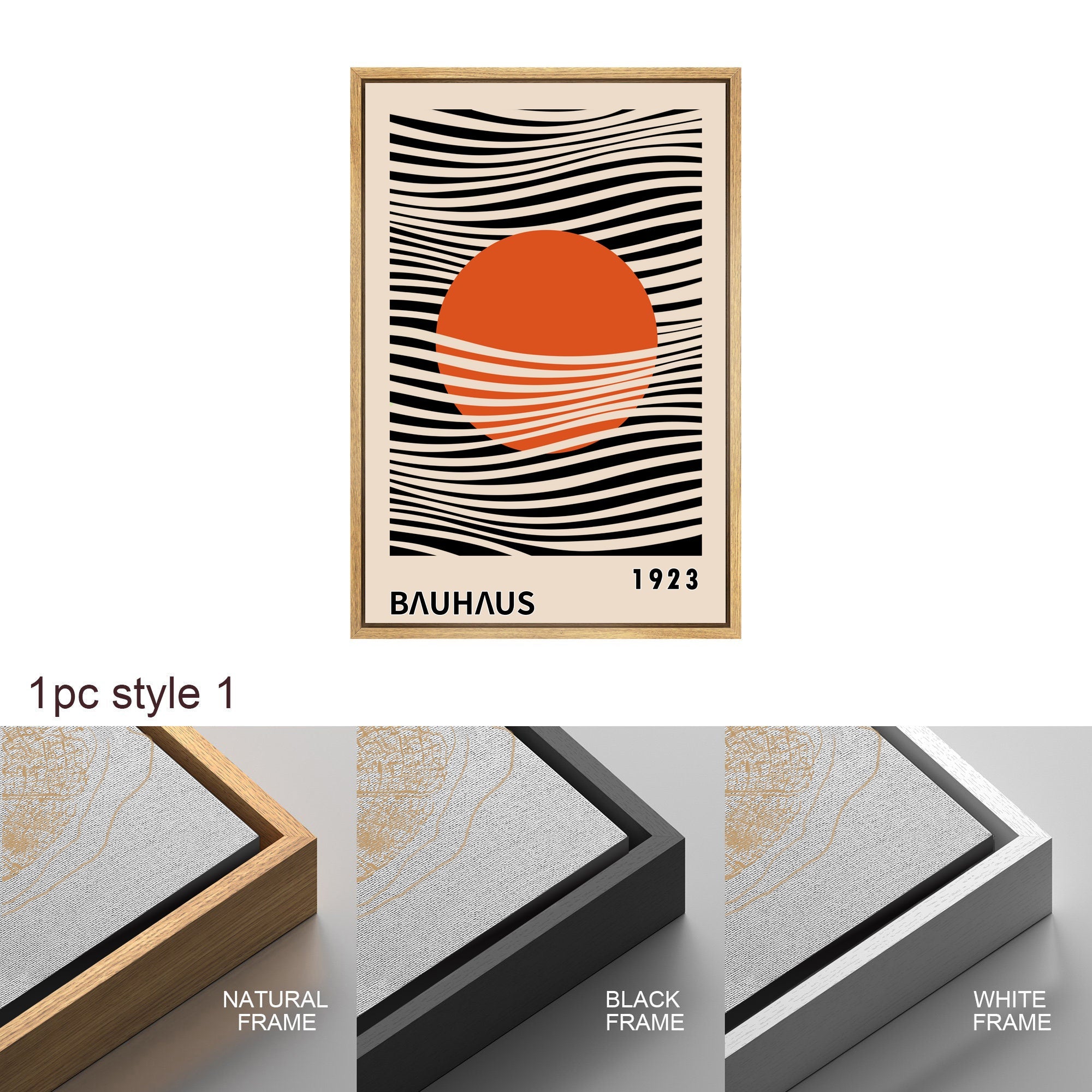 Framed Canvas Print Wall Art Bauhaus Sun and Waves Abstract Illustration Mid Century Modern Wall Art Minimalist Decor