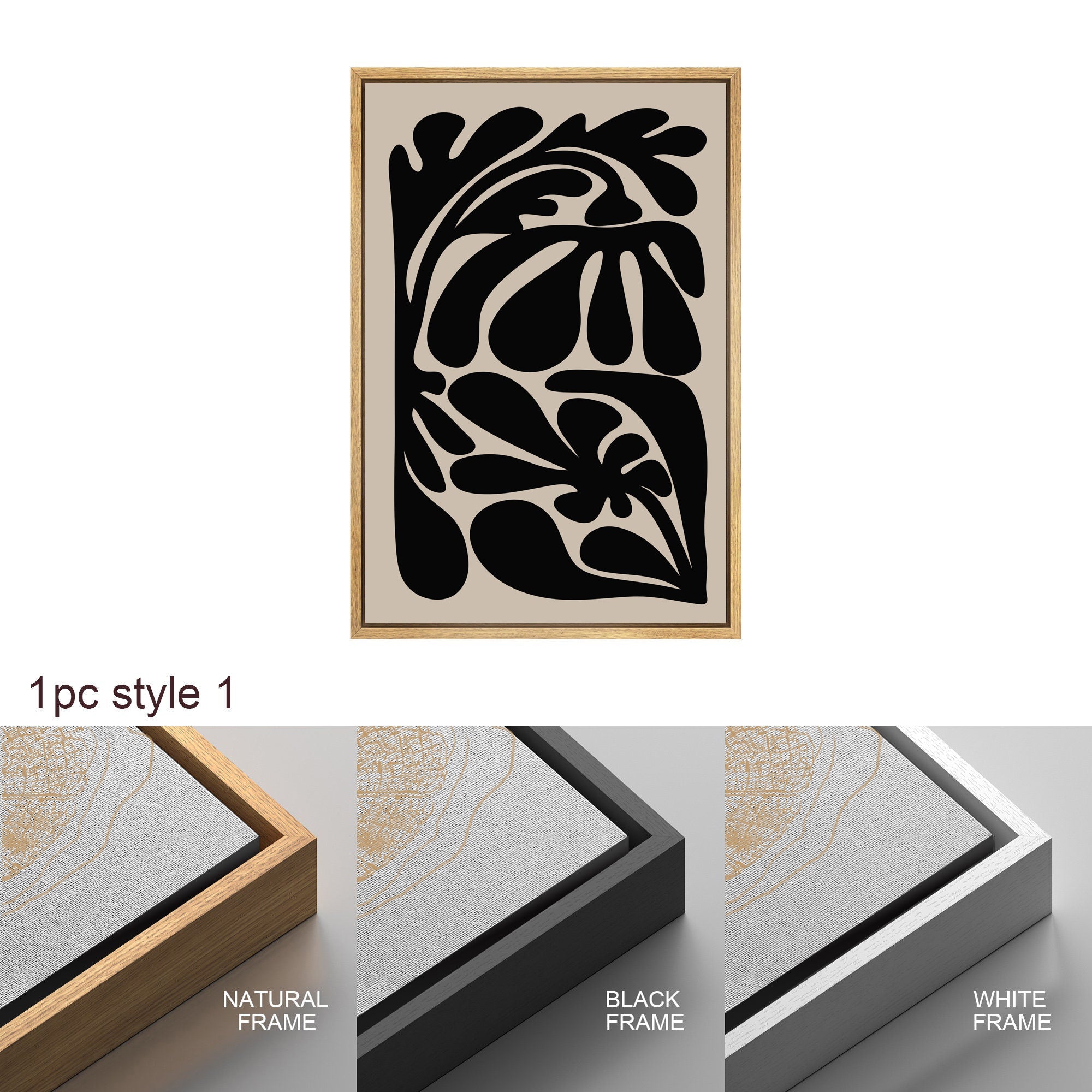 Framed Canvas Print Wall Art Black Abstract Floral Botanical Illustrations Modern Art Minimalist Boho Decor