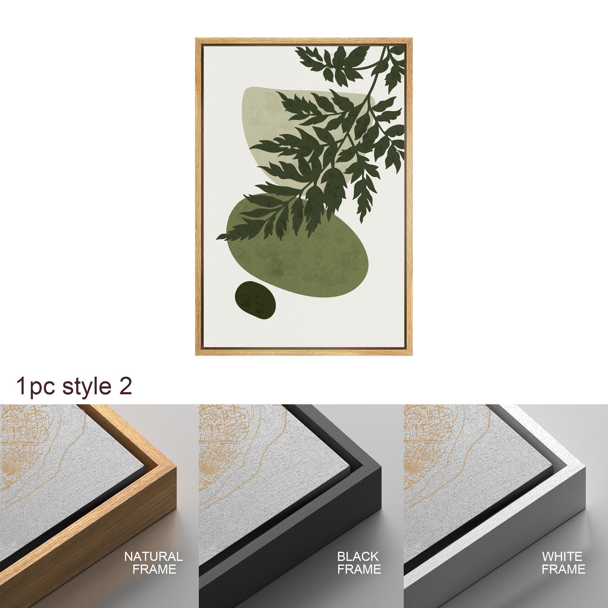 Framed Canvas Print Wall Art Set of 2 Fern Leaf Collage Abstract Shapes Illustrations Mid Century Modern Art Boho Decor