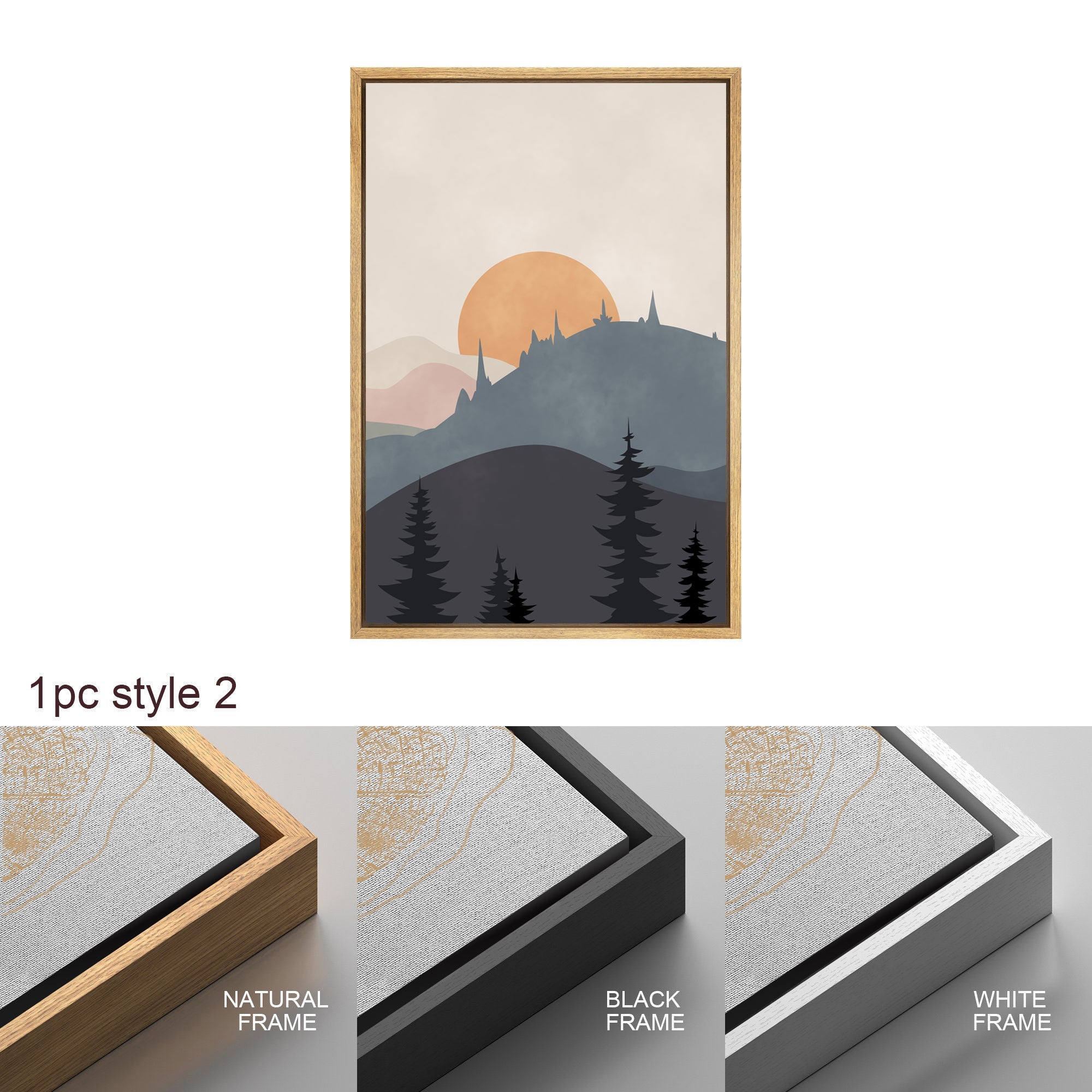 Framed Canvas Wall Art Set of 3 Sunset Forest Landscape Abstract Illustrations Prints Modern Art Minimalist Boho Wall Decor
