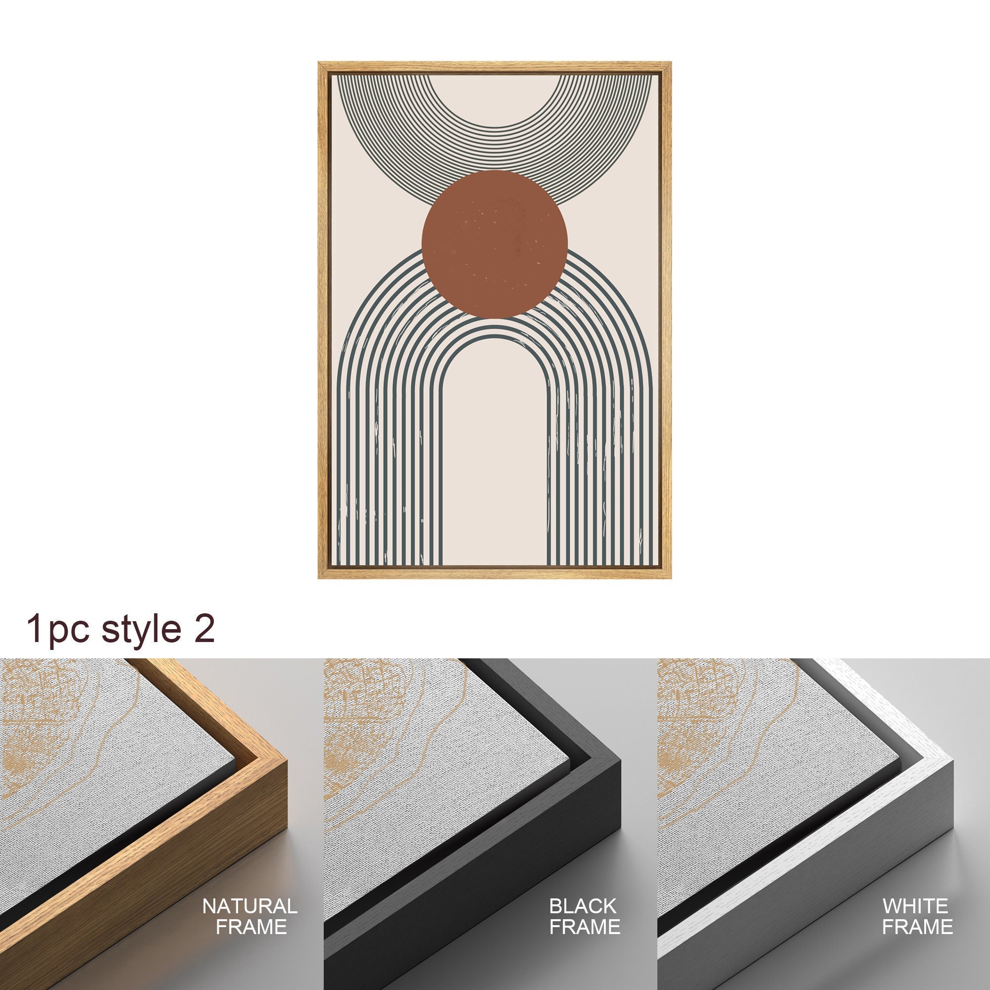 Framed Canvas Print Wall Art Set of 3 Geometric Sun Abstract Illustration Mid Century Modern Wall Art Minimalist Boho Decor