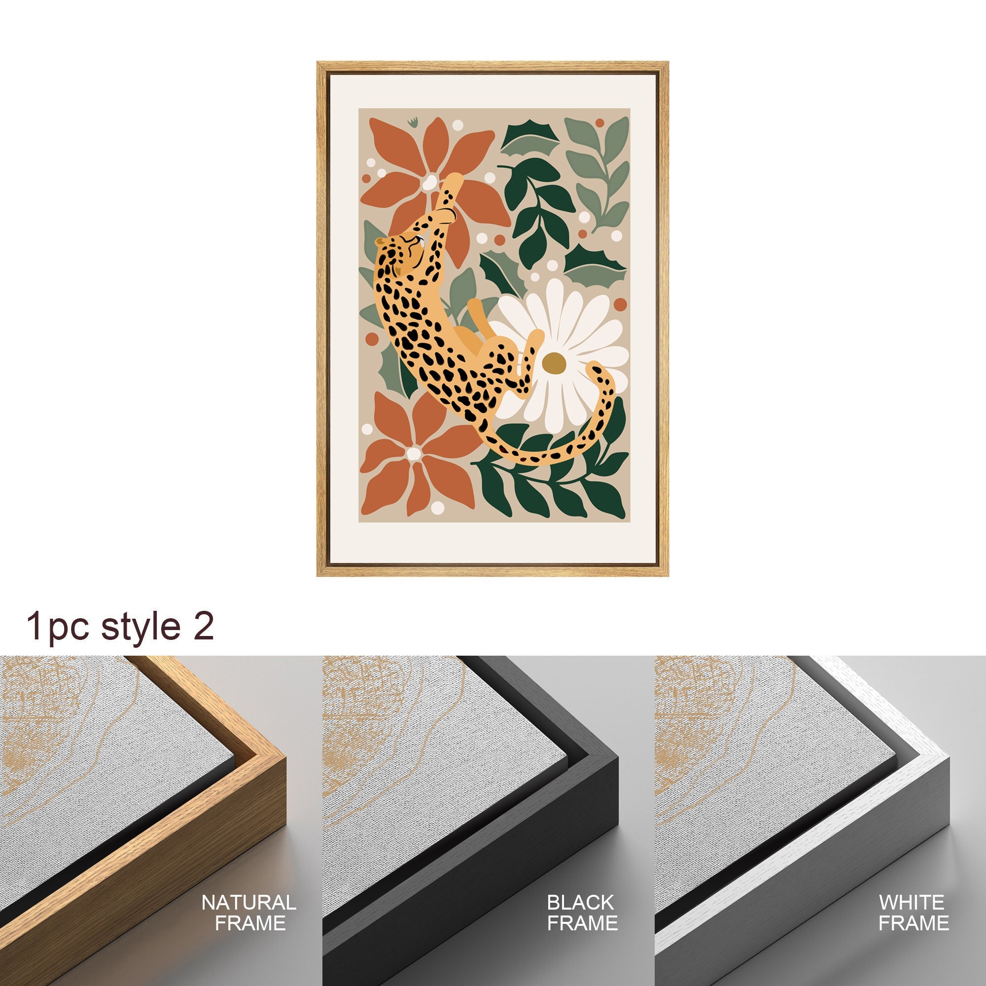 Framed Canvas Wall Art Set of 3 Cheetah Cats Animal Floral Botanical Prints Minimalist Modern Art Boho Decor Preppy Room Decor