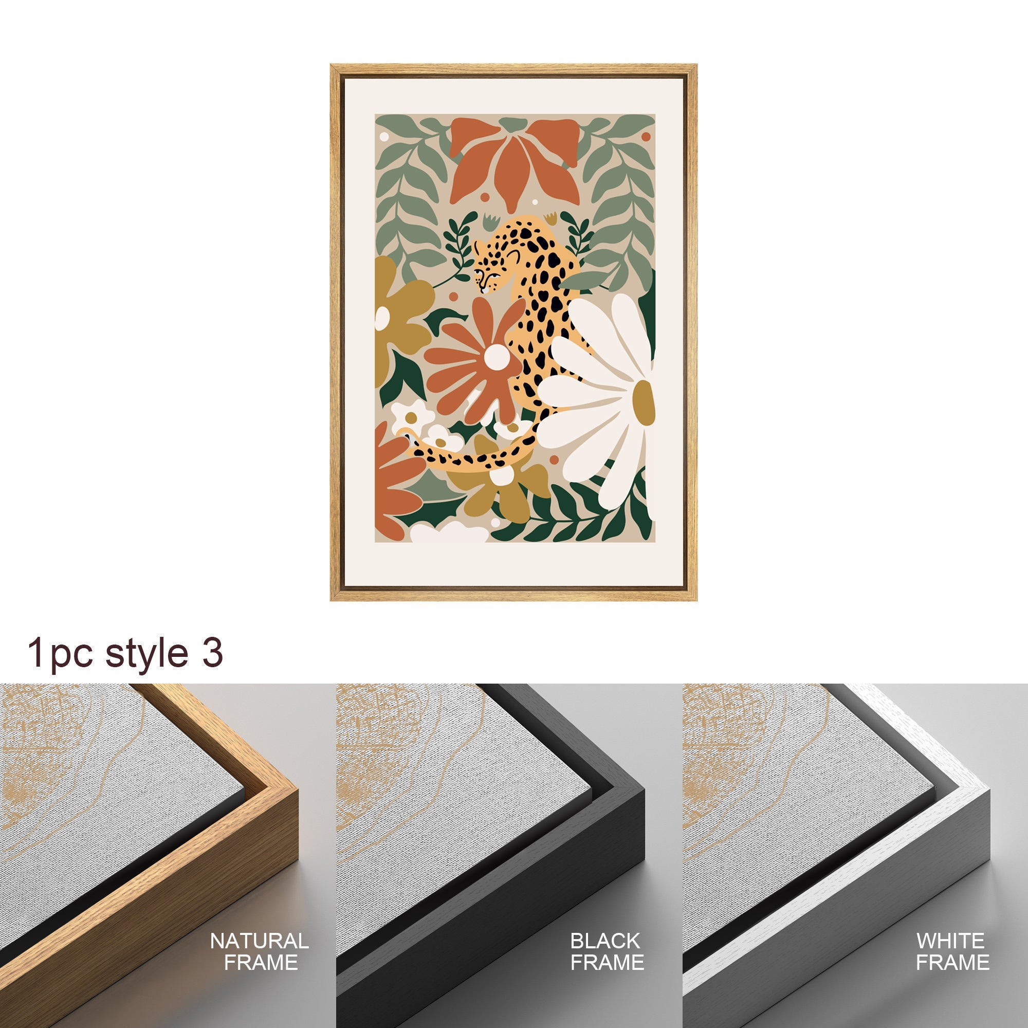 Framed Canvas Wall Art Set of 3 Cheetah Cats Animal Floral Botanical Prints Minimalist Modern Art Boho Decor Preppy Room Decor