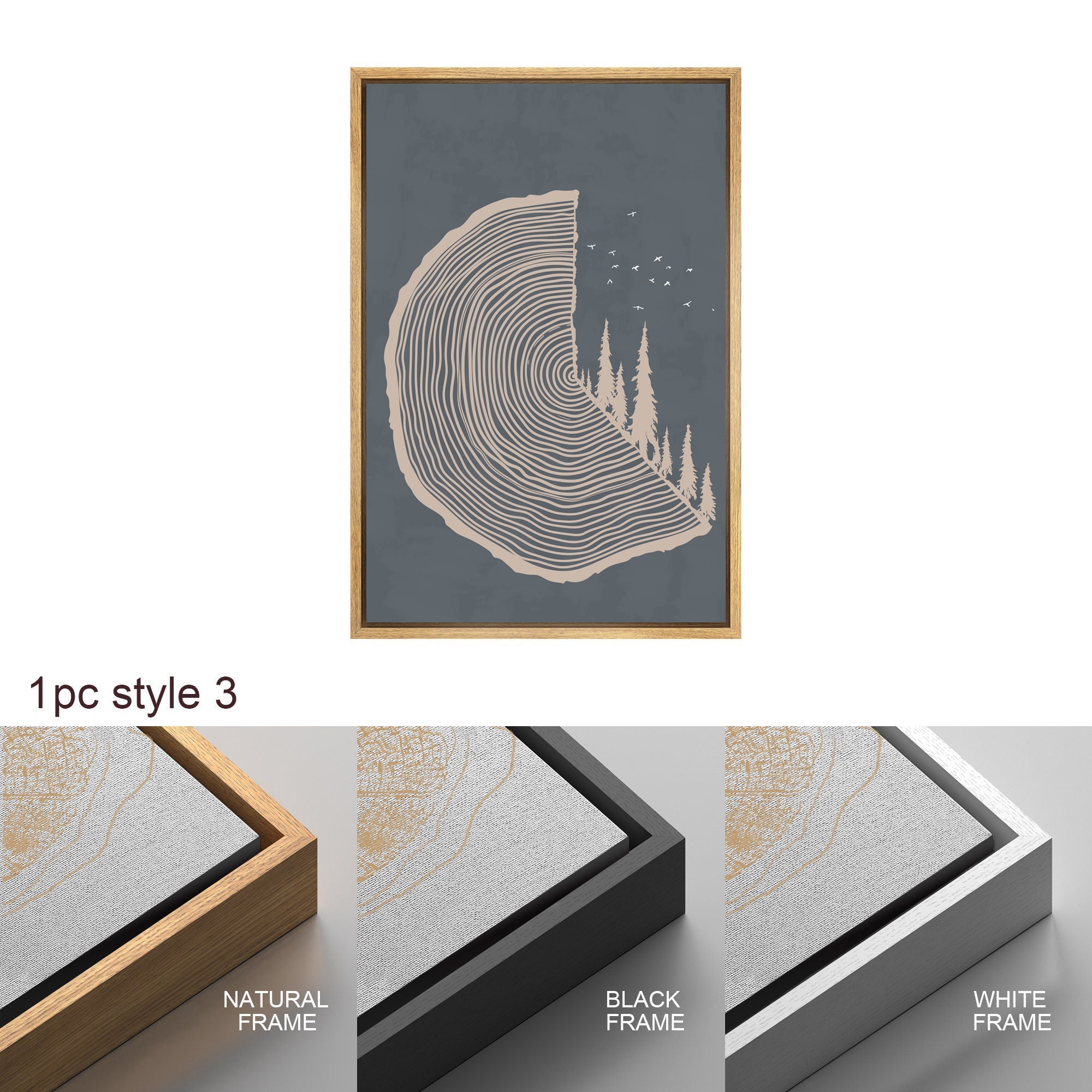 Framed Canvas Print Wall Art Set of 3 Pastel Grunge Forest Tree Rings Abstract Illustrations Minimalist Modern Art Boho Decor