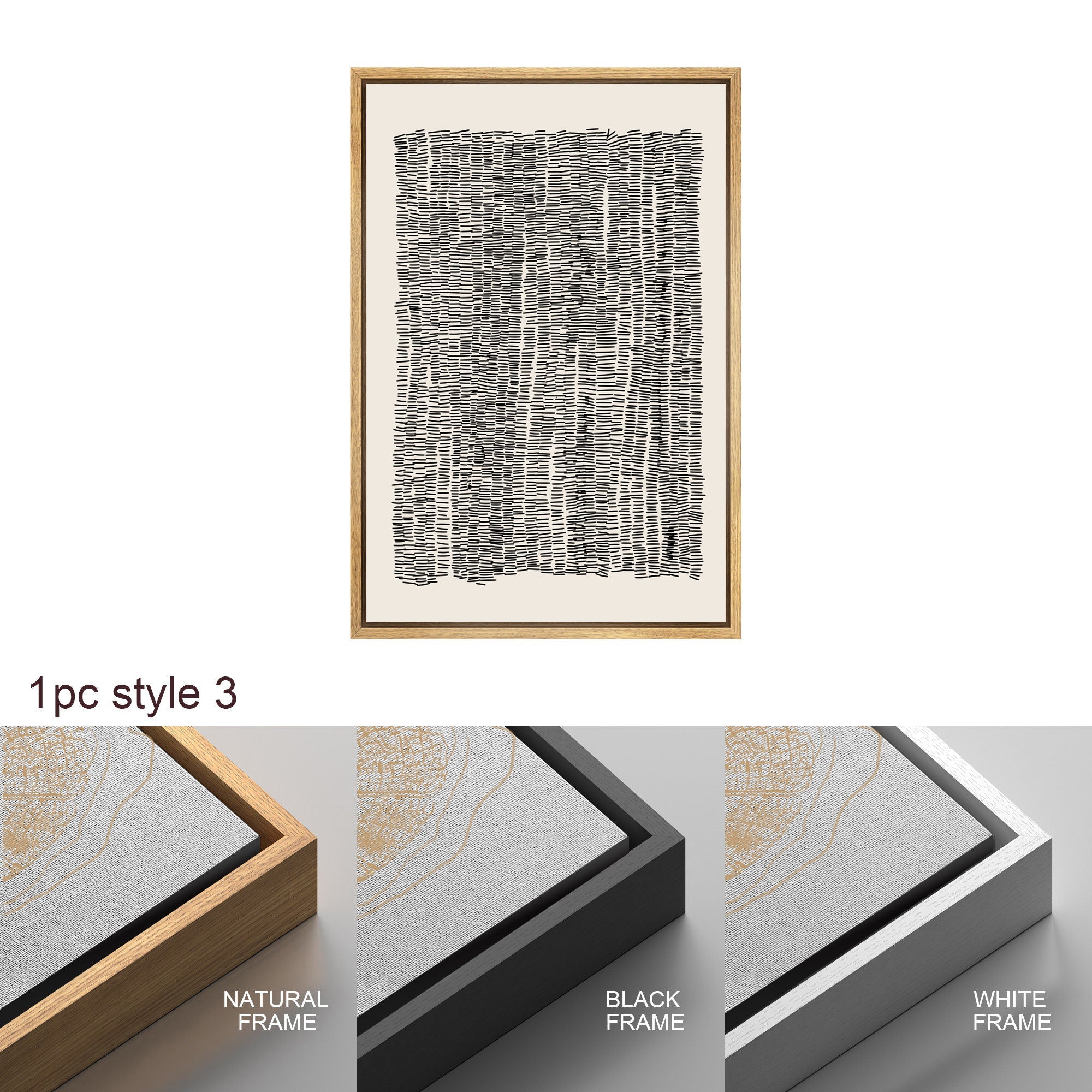 Framed Canvas Print Wall Art Set Geometric Black Grid Wave Pattern Abstract Drawings Modern Art Neutral Minimalist Decor
