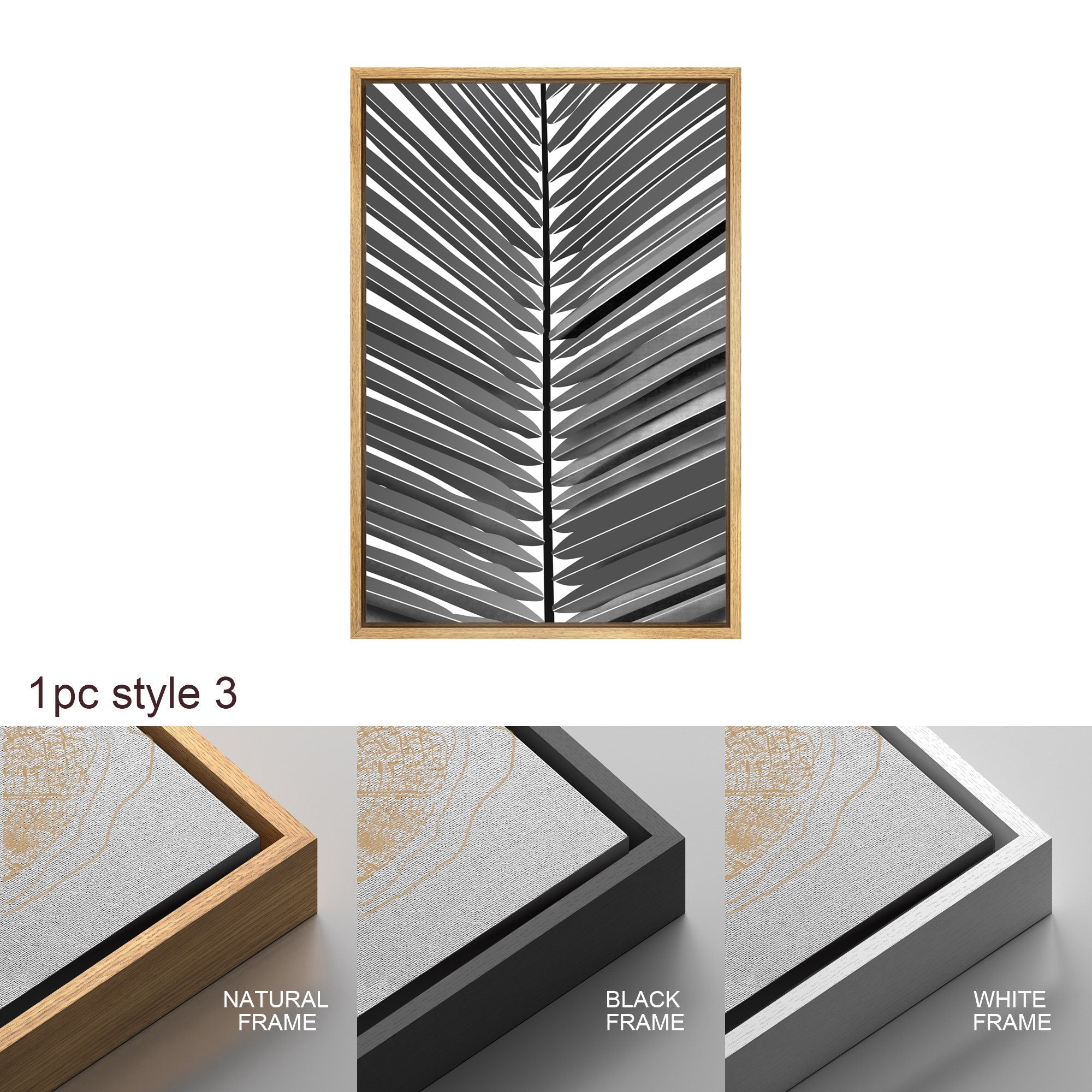 Framed Canvas Print Wall Art Black and White Tropical Palm Leaf Nature Illustrations Modern Art for Living Room