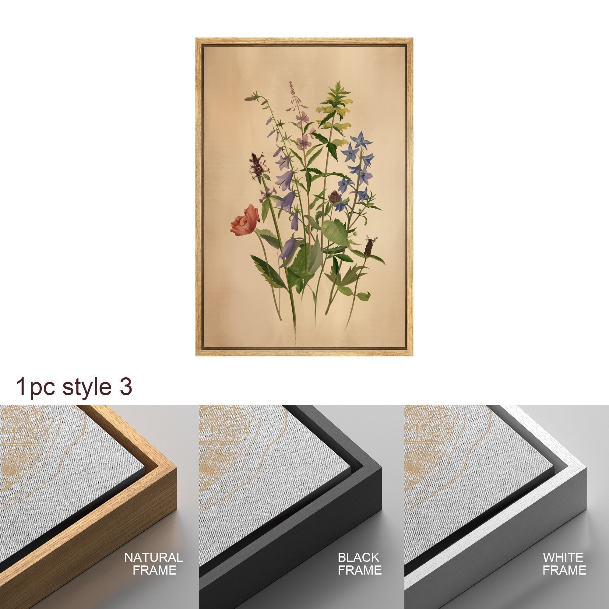 Framed Canvas Print Wall Art Set of 3 Wildflower Floral Botanical Illustrations Minimalist Art Neutral Modern Farmhouse Decor