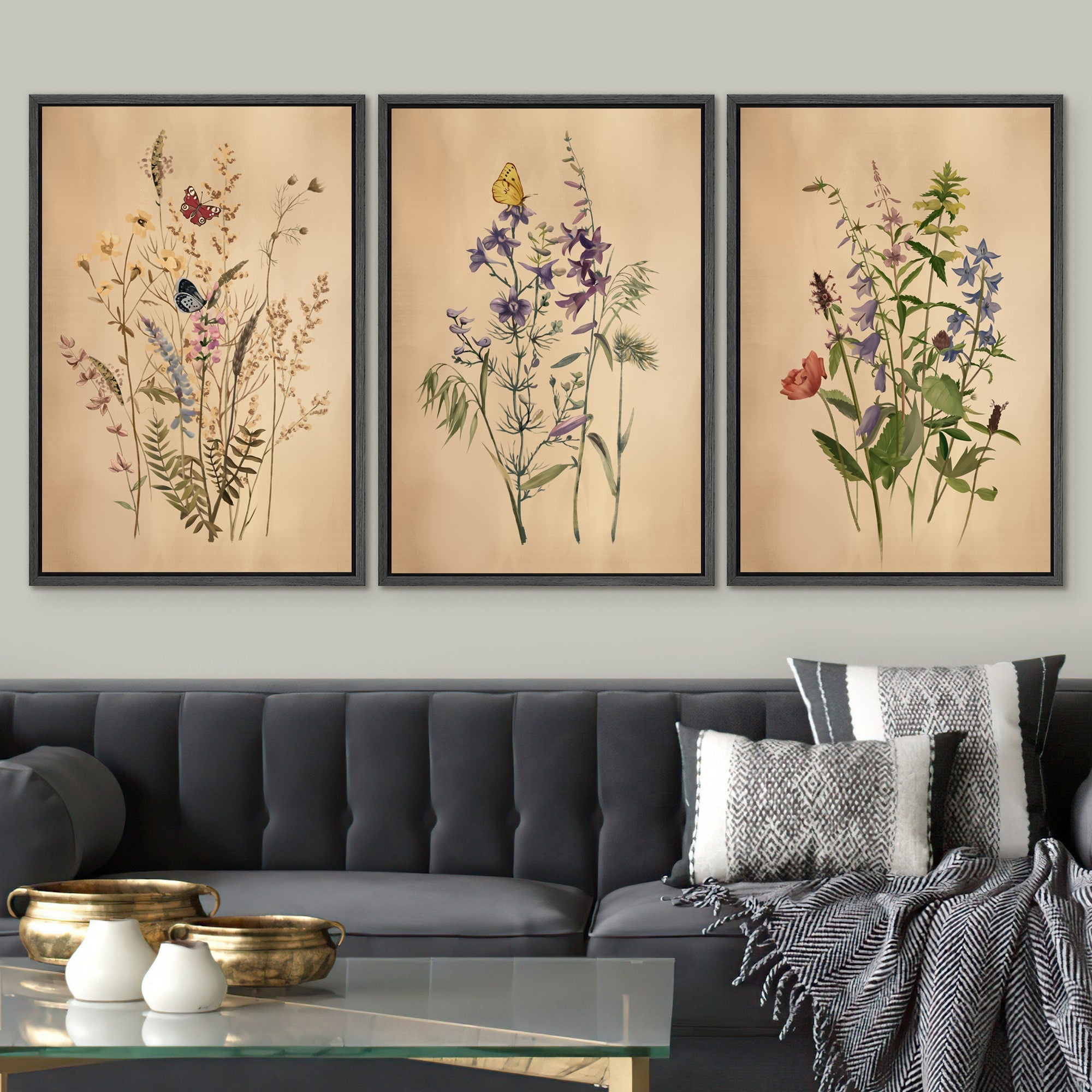 Framed Canvas Print Wall Art Set of 3 Wildflower Floral Botanical Illustrations Minimalist Art Neutral Modern Farmhouse Decor