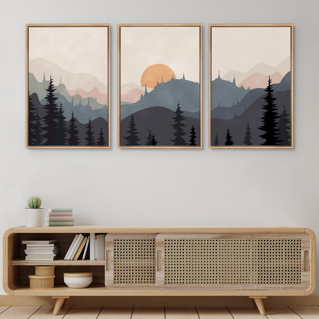 Framed Canvas Wall Art Set of 3 Sunset Forest Landscape Abstract Illustrations Prints Modern Art Minimalist Boho Wall Decor