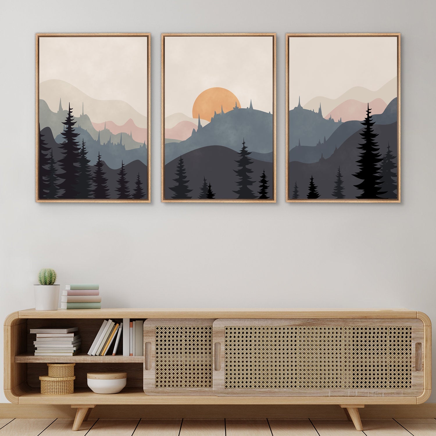 Framed Canvas Wall Art Set of 3 Sunset Forest Landscape Abstract Illustrations Prints Modern Art Minimalist Boho Wall Decor