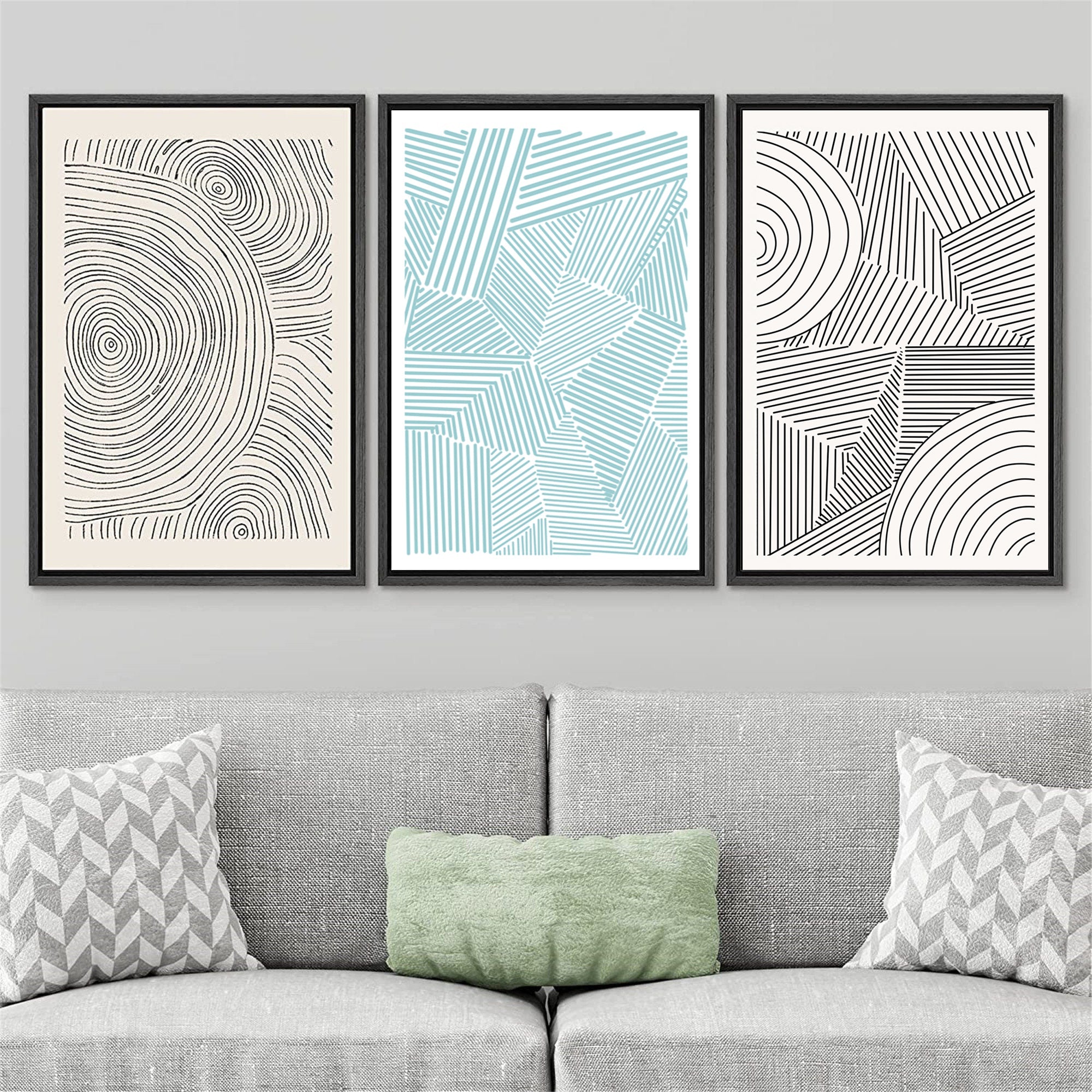 Framed Canvas Print Wall Art Set of 3 Geometric Blue Black Polygon Pattern Abstract Shapes Drawings Modern Art Minimalist Decor