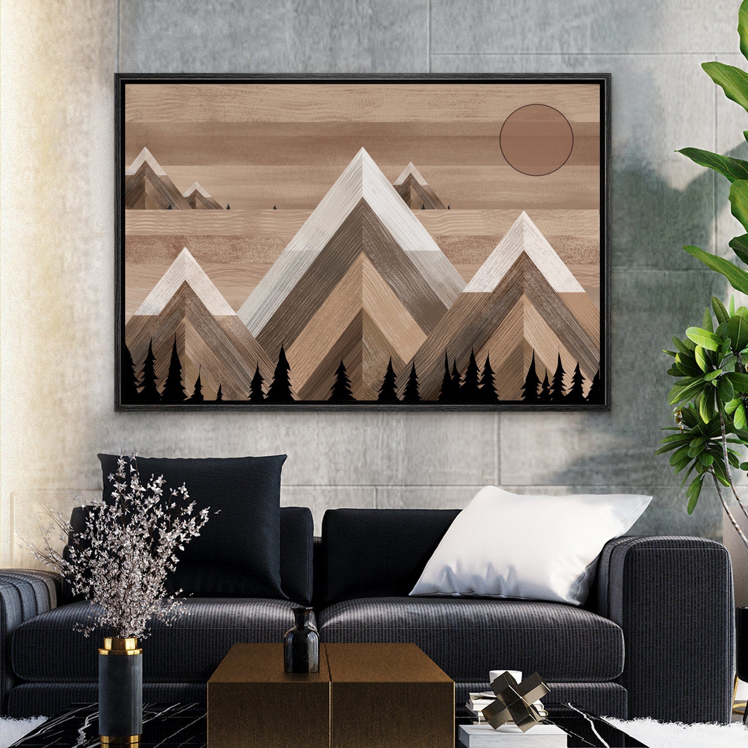 Framed Canvas Wall Art Sunset Mountain Landscape Abstract Illustrations Prints Abstract Modern Art Minimalist Boho Wall Decor