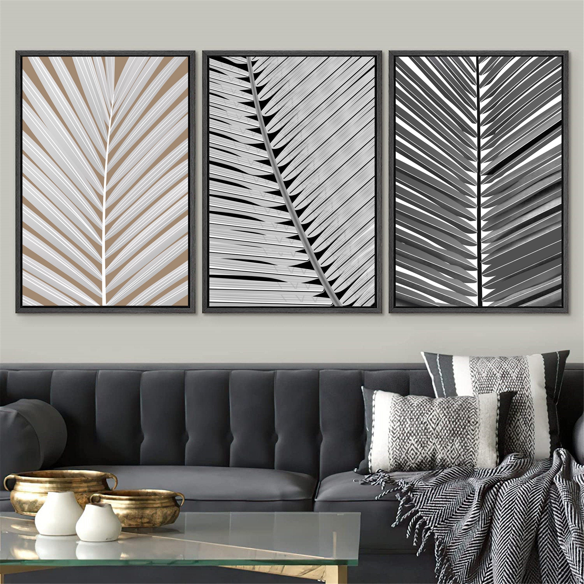 Framed Canvas Print Wall Art Black and White Tropical Palm Leaf Nature Illustrations Modern Art for Living Room
