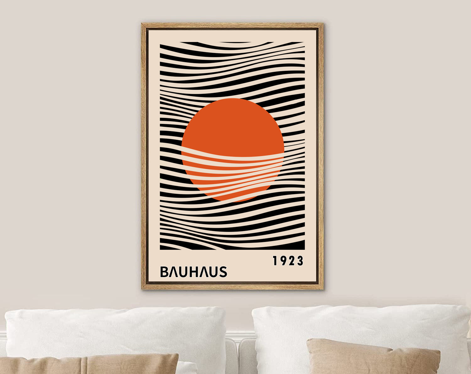 Framed Canvas Print Wall Art Bauhaus Sun and Waves Abstract Illustration Mid Century Modern Wall Art Minimalist Decor