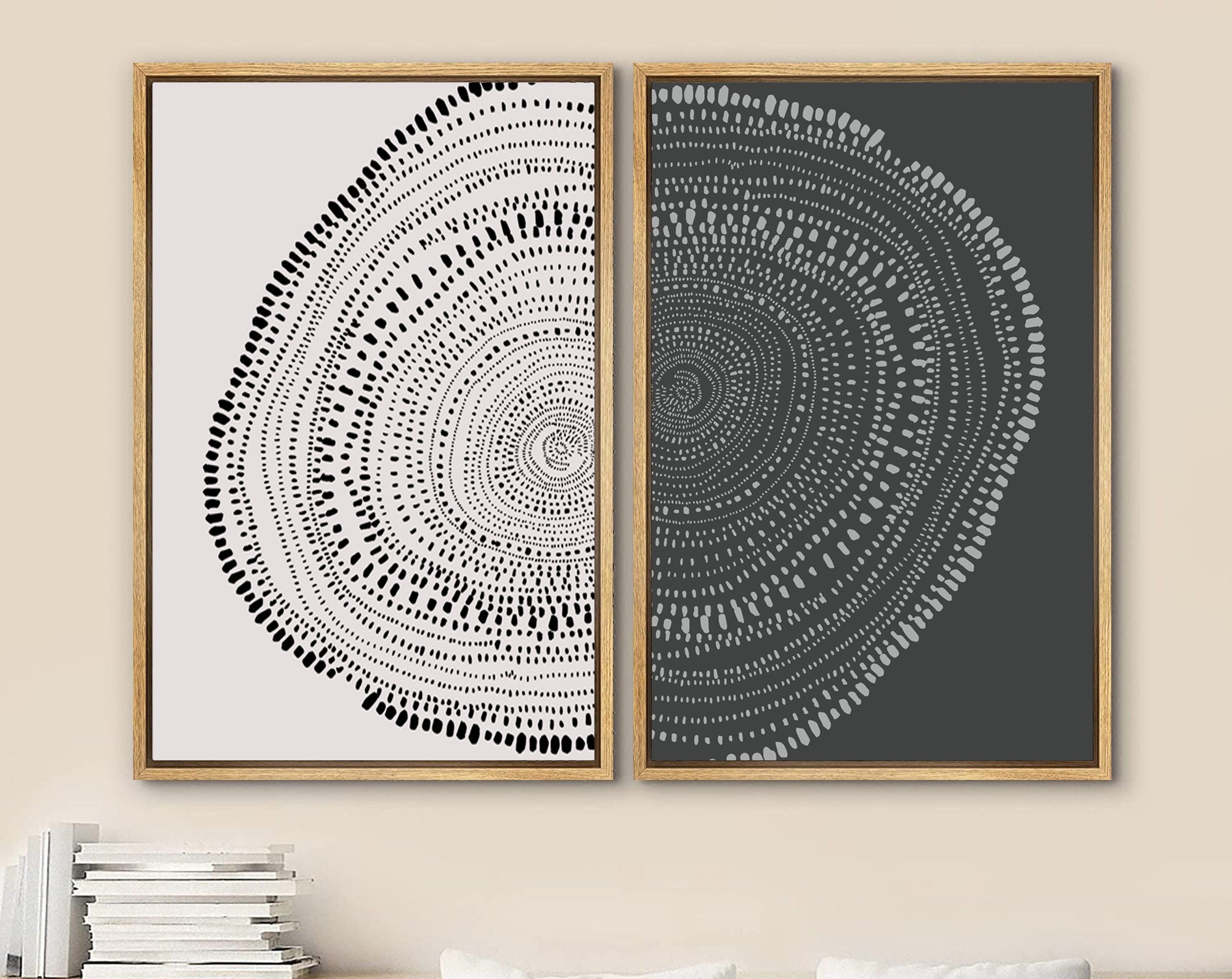 Framed Canvas Print Wall Art Set of 2 Spiral Dot Pattern Abstract Wood Tree Rings Illustrations Modern Art Minimalist Boho Decor