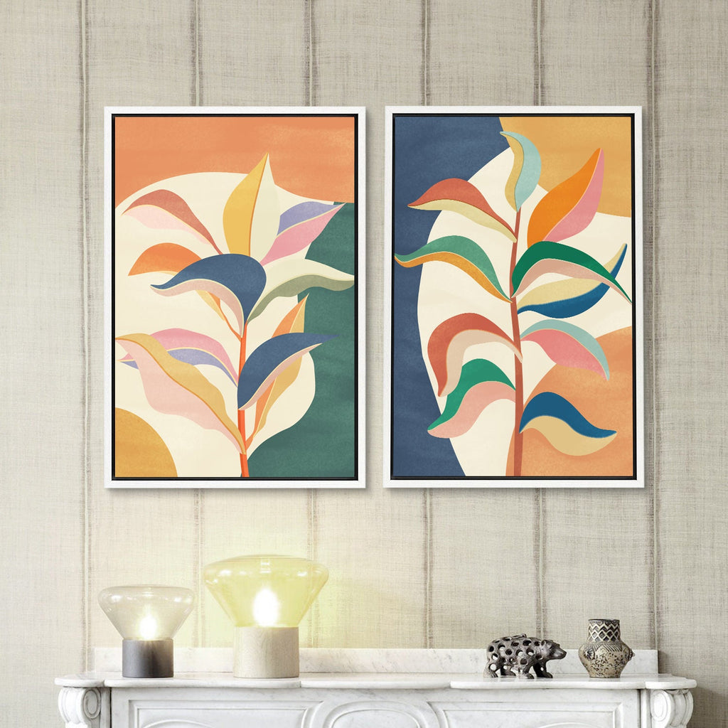 Framed Canvas Wall Art Set of 2 Colorful Tropical Jungle Leaf Botanical Prints Minimalist Modern Art Boho Wall Decor
