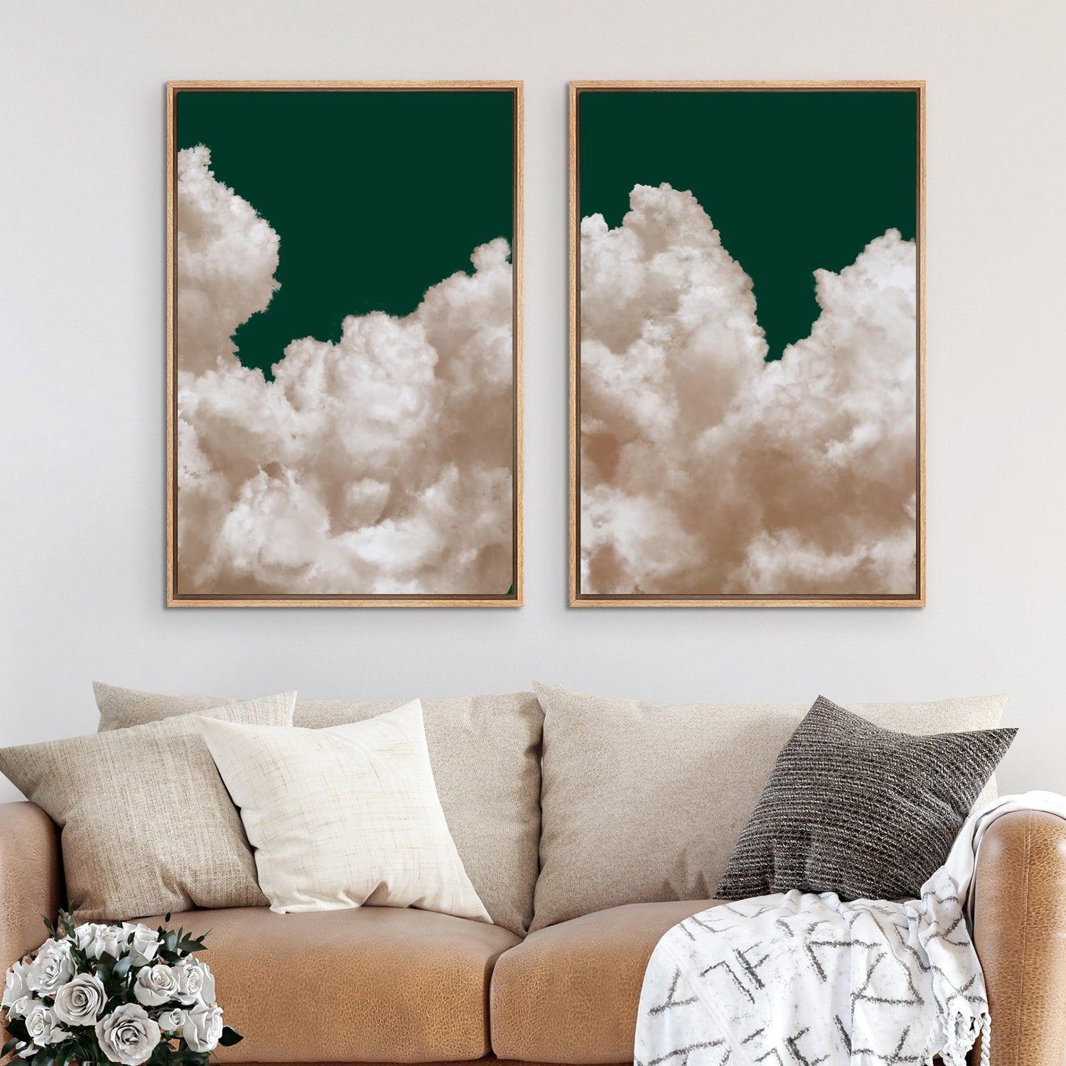 Framed Canvas Wall Art Set of 2 Pastel Cloud Navy Blue Sky Nature Landscape Prints Minimalist Modern Wall Art Decor