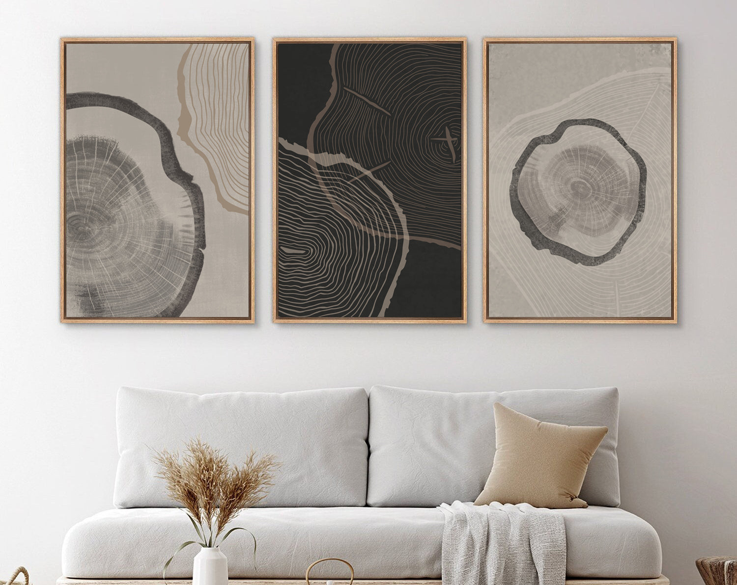 Framed Canvas Print Wall Art Set of 3 Pastel Grunge Wood Tree Rings Abstract Illustrations Minimalist Modern Art Boho Decor