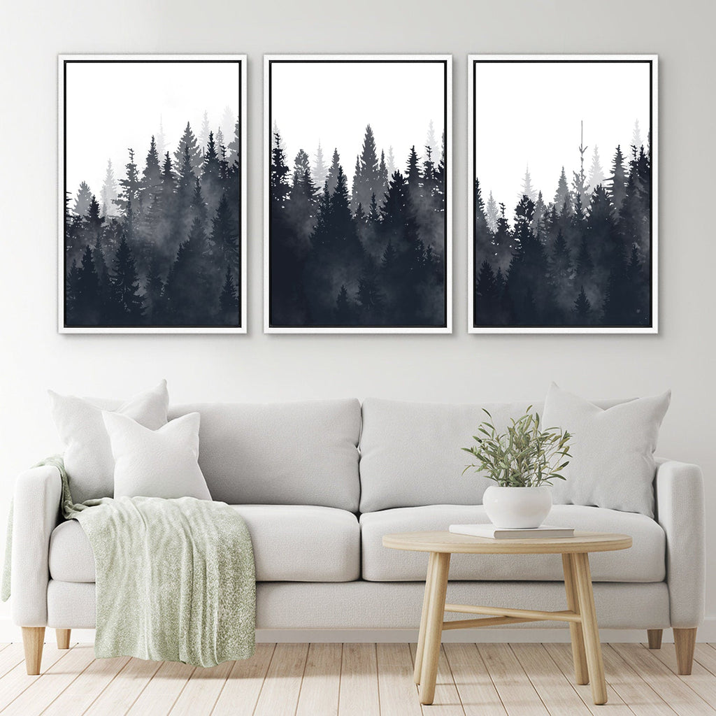 Framed Canvas Wall Art Set of 3 Misty Forest Mountain Landscape Print Modern Art Nature Wall Decor