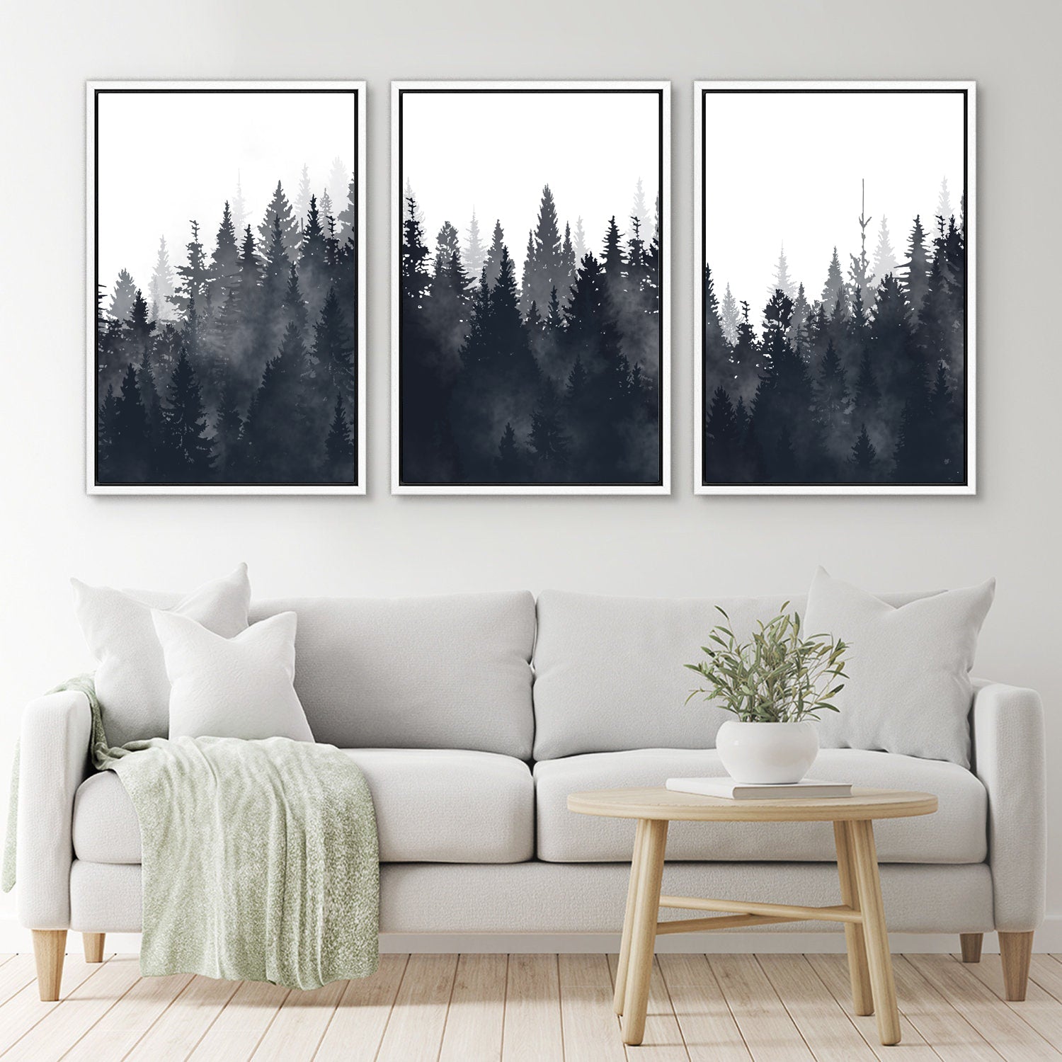 Framed Canvas Wall Art Set of 3 Misty Forest Mountain Landscape Print Modern Art Nature Wall Decor