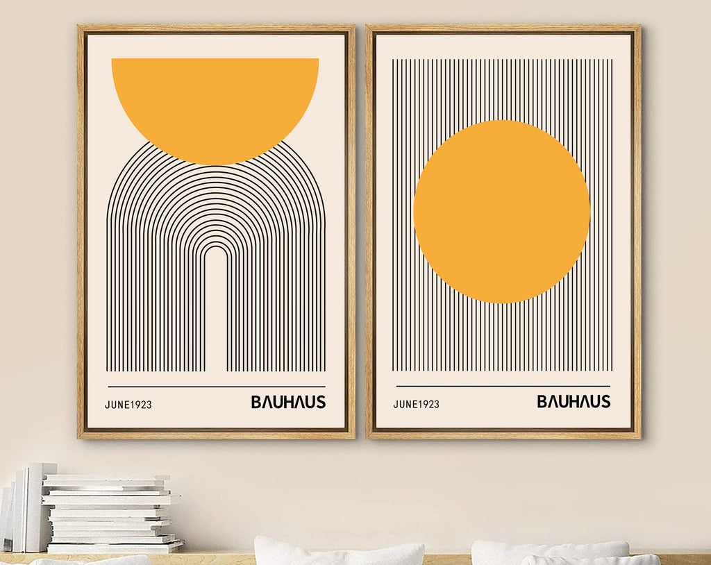 Framed Canvas Print Wall Art Set of 2 Bauhaus Abstract Shapes Illustrations Mid Century Modern Wall Art Minimalist Decor