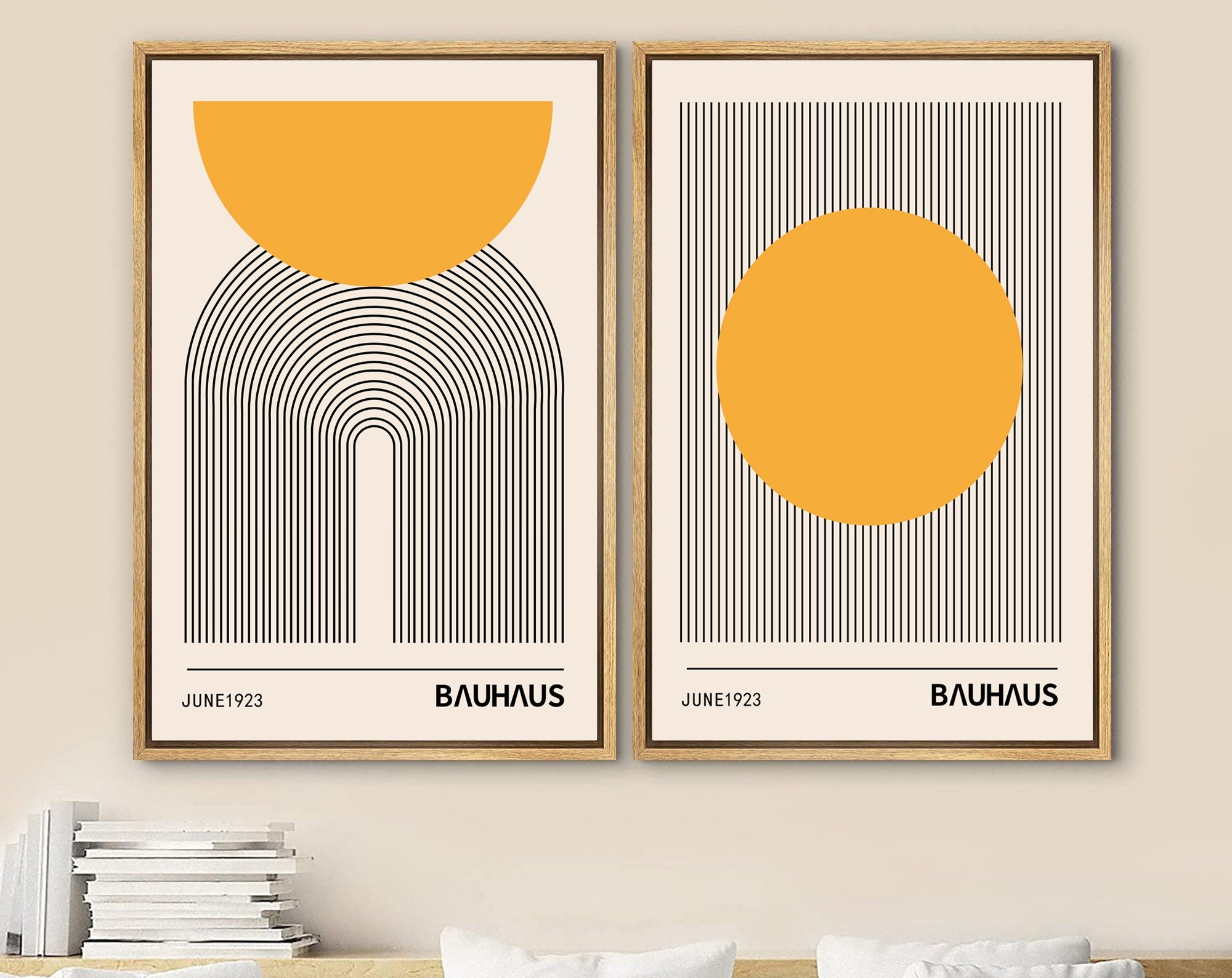 Framed Canvas Print Wall Art Set of 2 Bauhaus Abstract Shapes Illustrations Mid Century Modern Wall Art Minimalist Decor