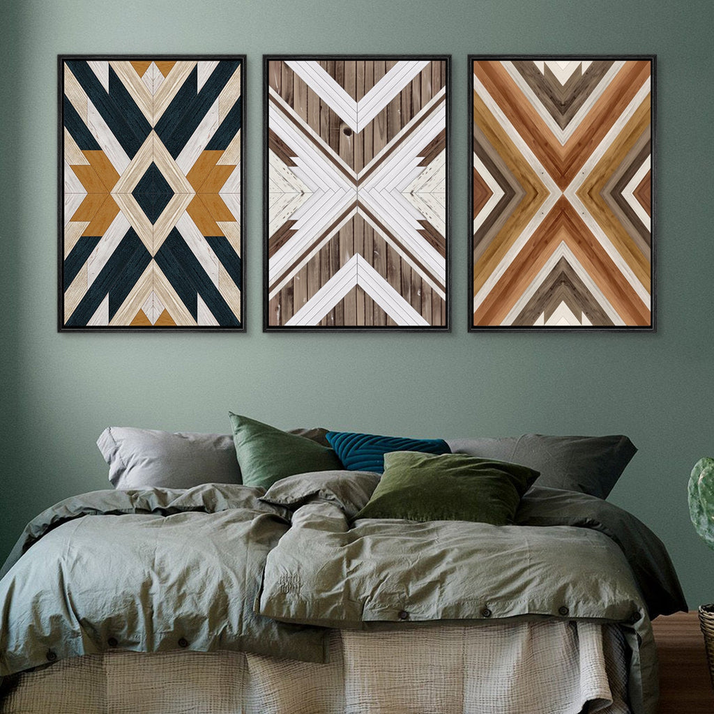 Framed Canvas Wall Art Set Southwestern Wood Panel Geometric Diamond Pattern Collage Print Abstract Modern Wall Art Rustic Western Decor