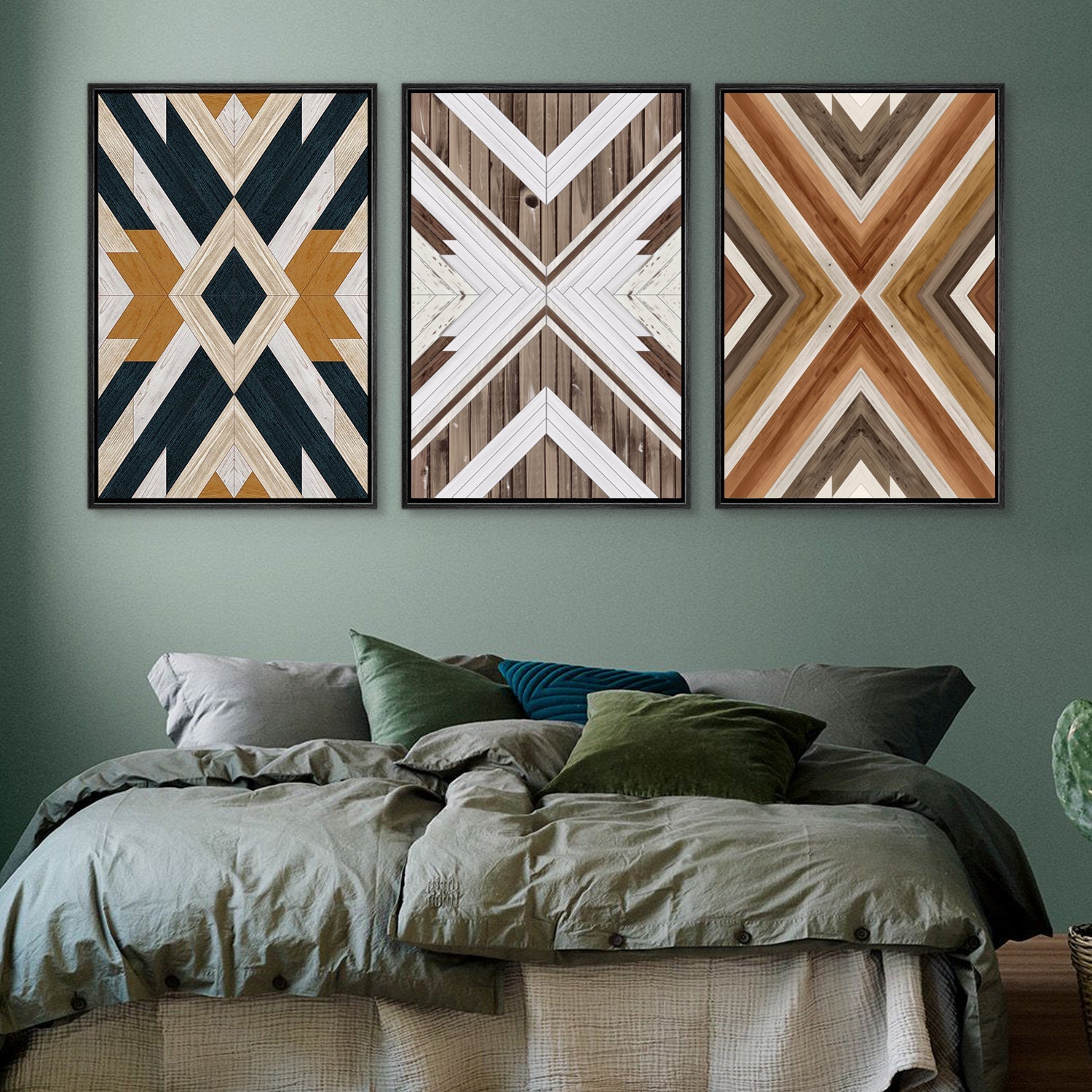 Framed Canvas Wall Art Set Southwestern Wood Panel Geometric Diamond Pattern Collage Print Abstract Modern Wall Art Rustic Western Decor