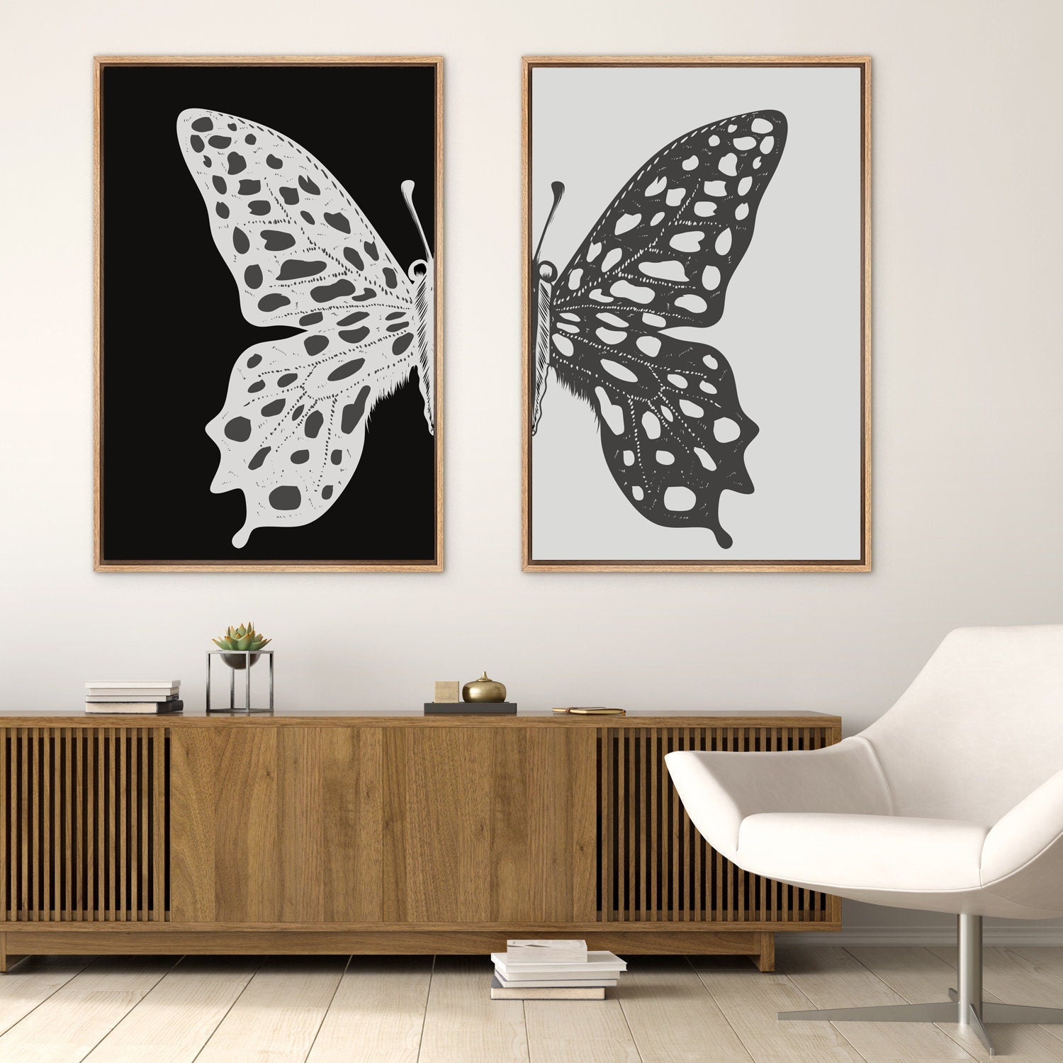 Framed Canvas Wall Art Set of 2 Black and White Butterfly Prints Minimalist Modern Art Boho Wall Decor
