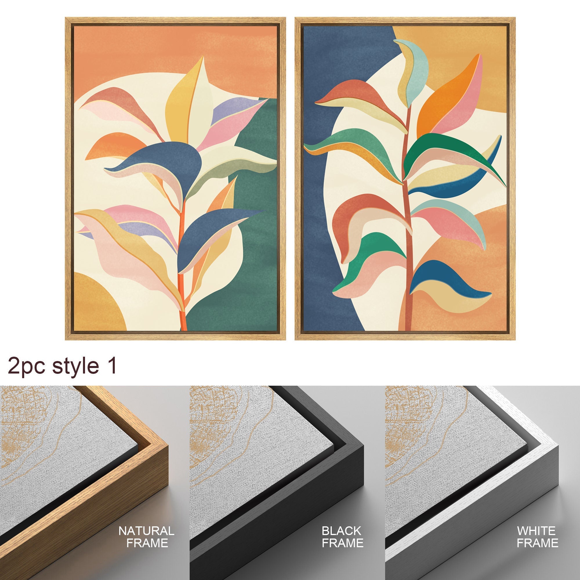 Framed Canvas Wall Art Set of 2 Colorful Tropical Jungle Leaf Botanical Prints Minimalist Modern Art Boho Wall Decor