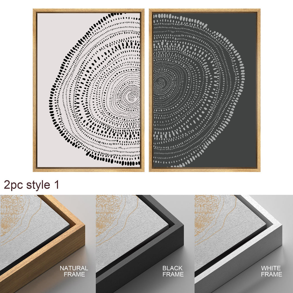 Framed Canvas Print Wall Art Set of 2 Spiral Dot Pattern Abstract Wood Tree Rings Illustrations Modern Art Minimalist Boho Decor