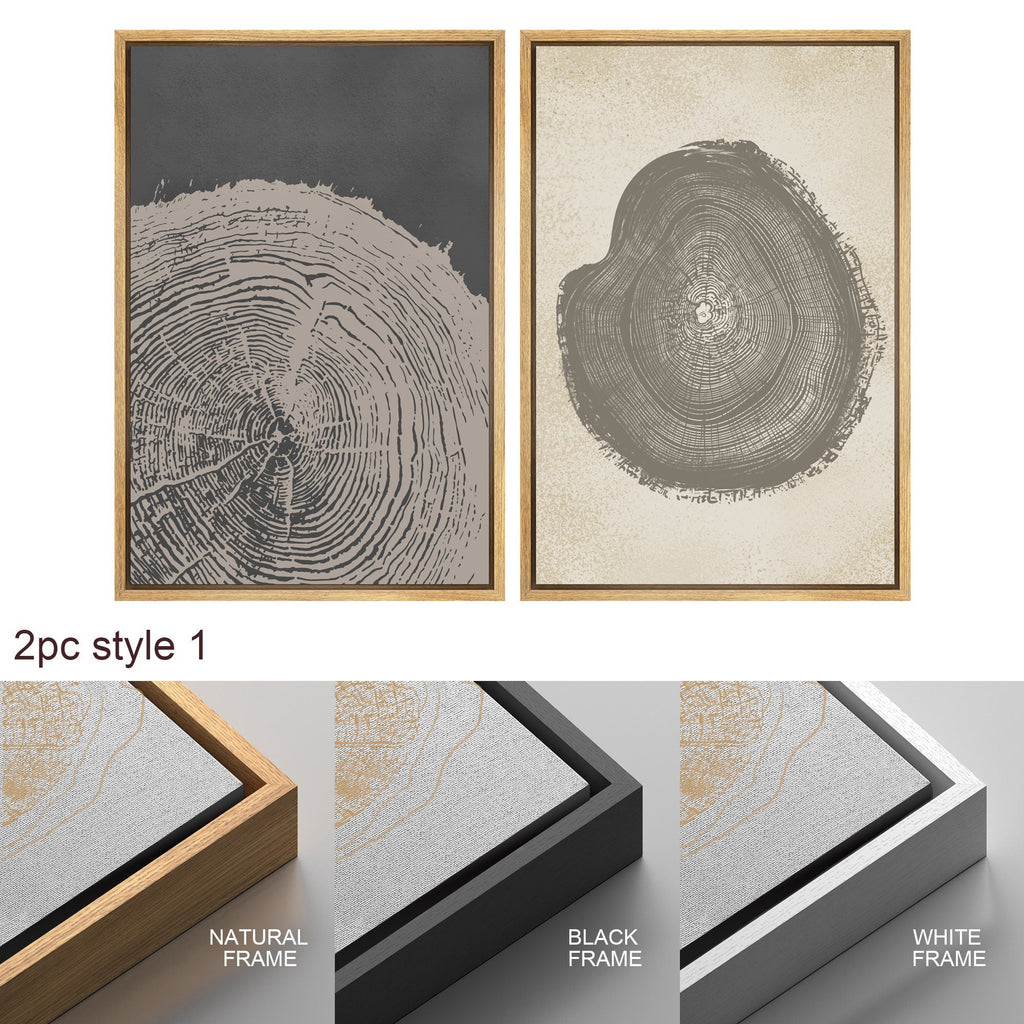 Framed Canvas Print Wall Art Set of 2 Pastel Grunge Wood Tree Rings Abstract Illustrations Minimalist Modern Art Boho Decor