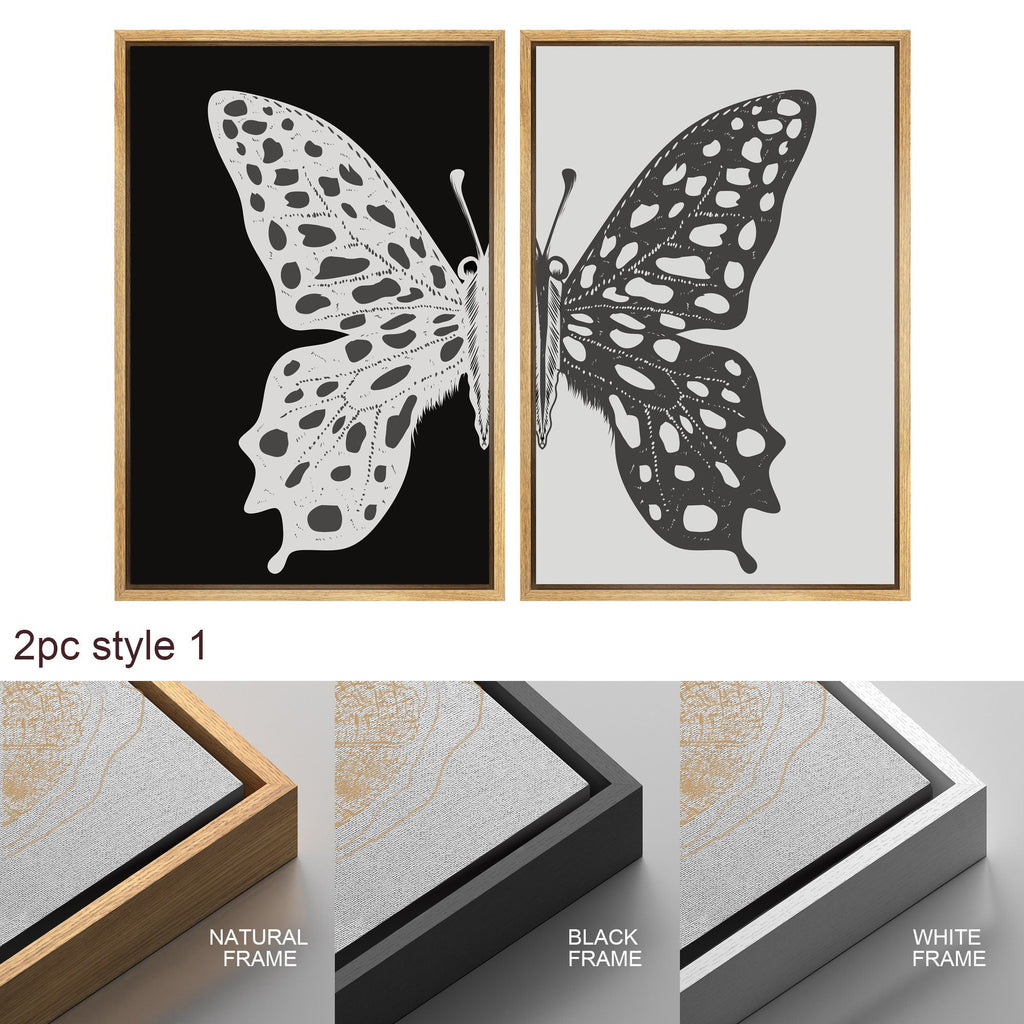Framed Canvas Wall Art Set of 2 Black and White Butterfly Prints Minimalist Modern Art Boho Wall Decor