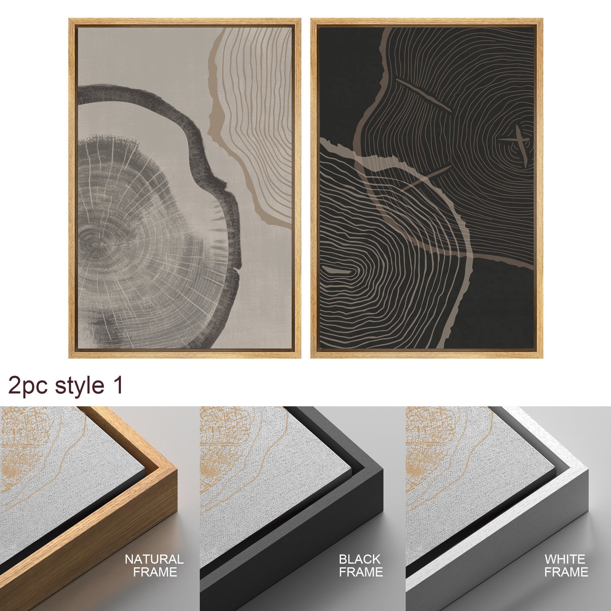 Framed Canvas Print Wall Art Set of 3 Pastel Grunge Wood Tree Rings Abstract Illustrations Minimalist Modern Art Boho Decor