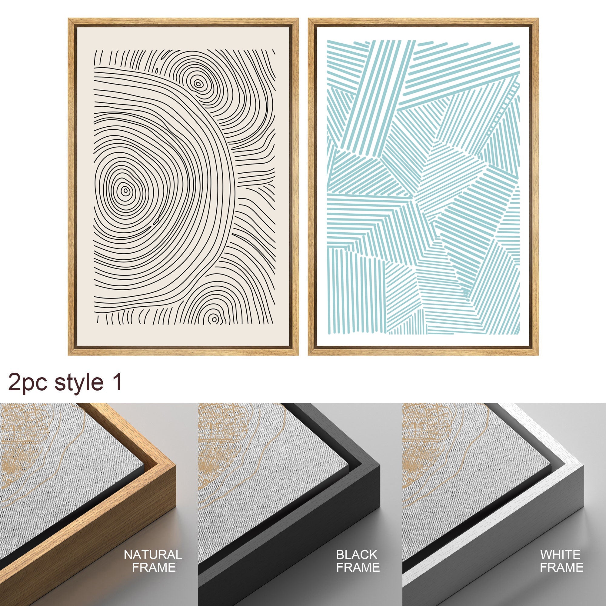 Framed Canvas Print Wall Art Set of 3 Geometric Blue Black Polygon Pattern Abstract Shapes Drawings Modern Art Minimalist Decor