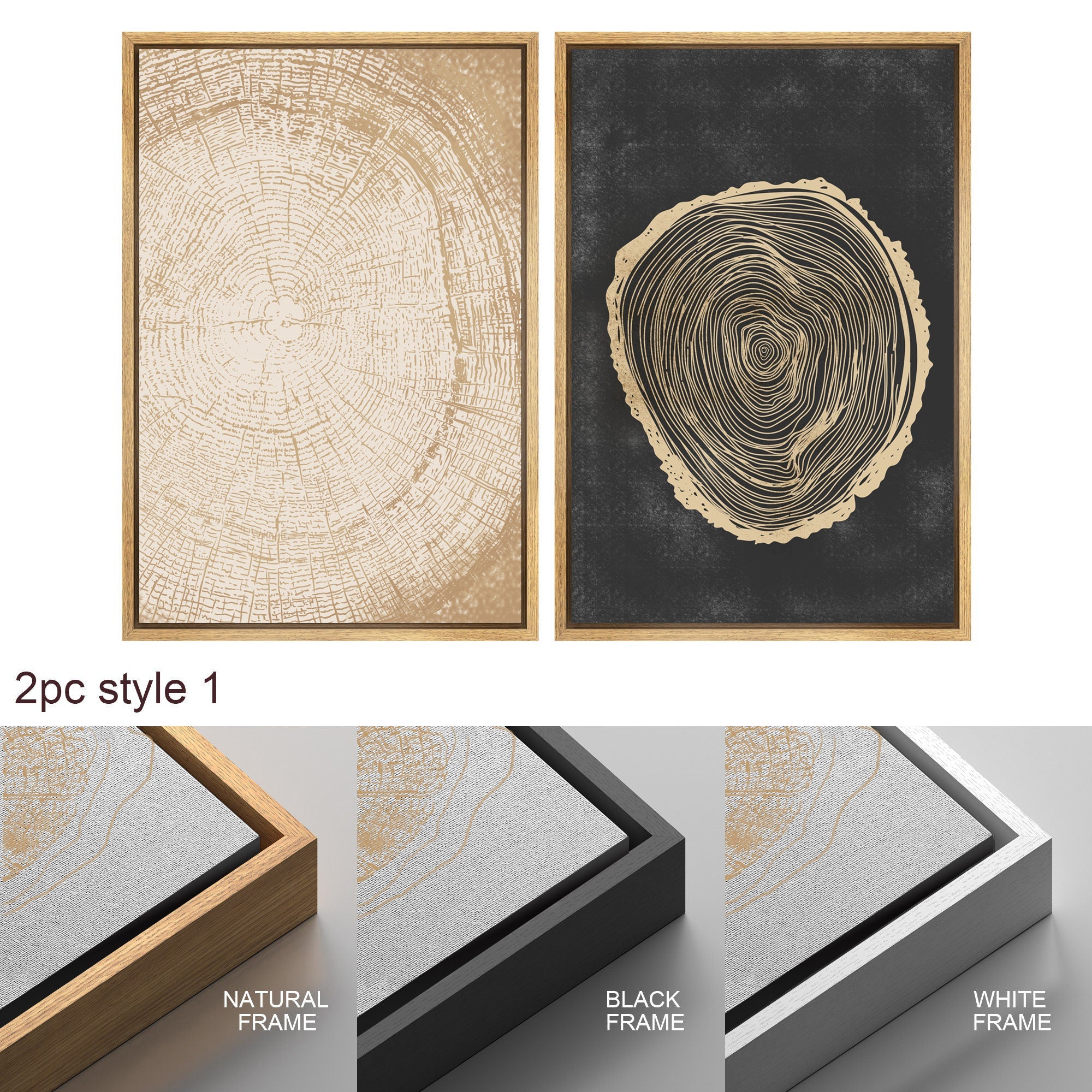 Framed Canvas Print Wall Art Set of 3 Pastel Grunge Wood Tree Rings Abstract Illustrations Minimalist Modern Art Boho Decor