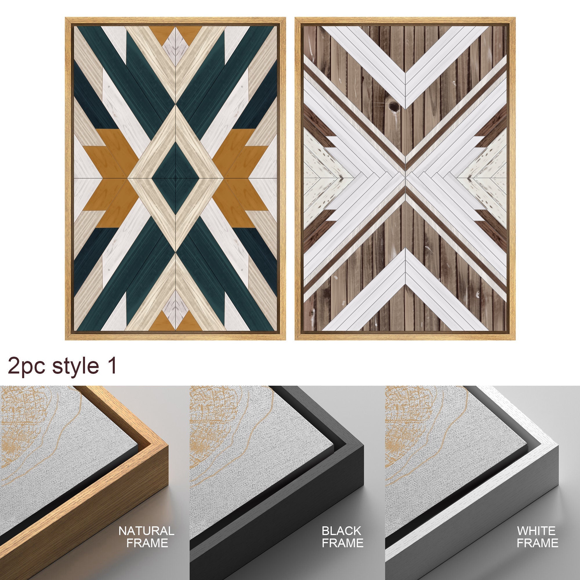 Framed Canvas Wall Art Set Southwestern Wood Panel Geometric Diamond Pattern Collage Print Abstract Modern Wall Art Rustic Western Decor