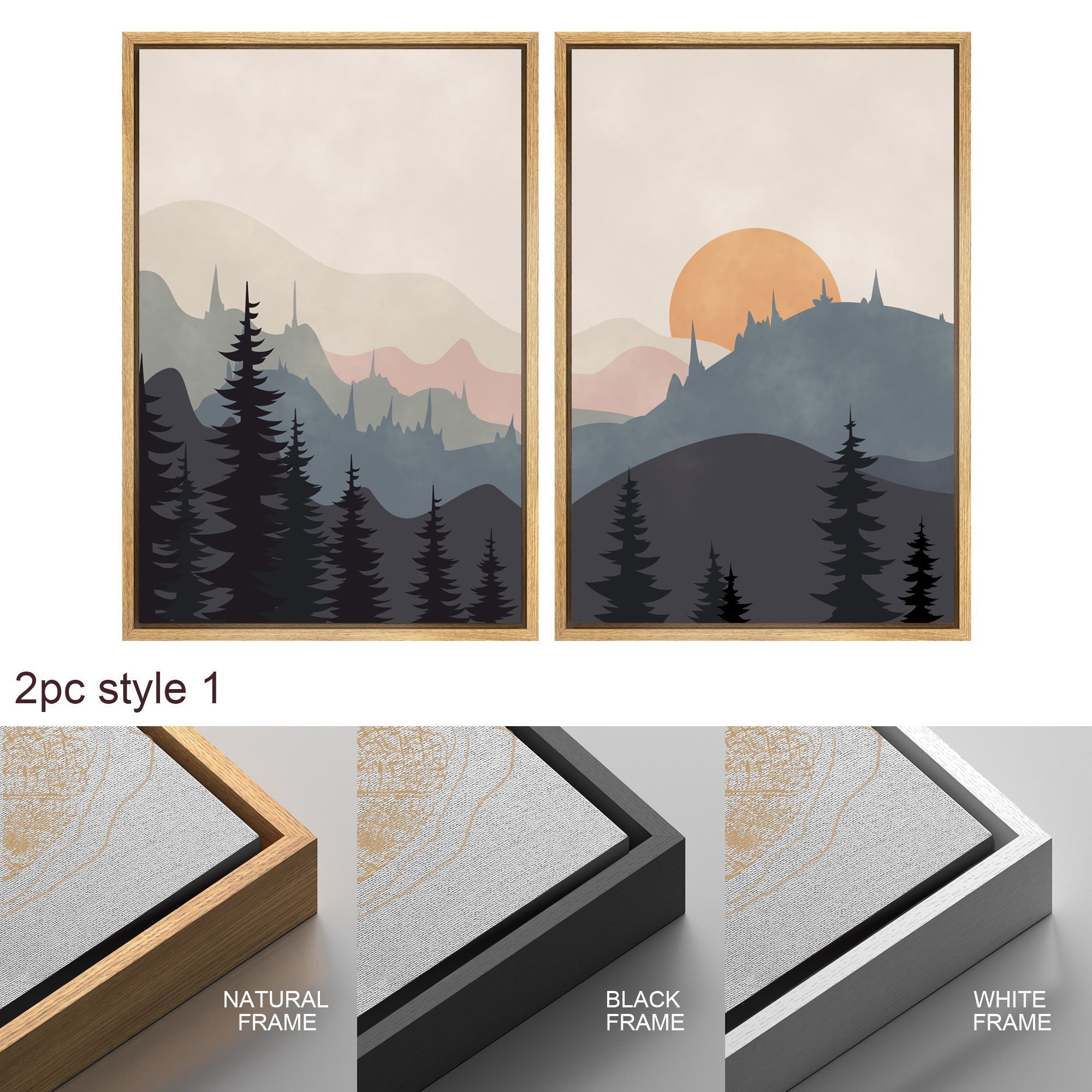 Framed Canvas Wall Art Set of 3 Sunset Forest Landscape Abstract Illustrations Prints Modern Art Minimalist Boho Wall Decor