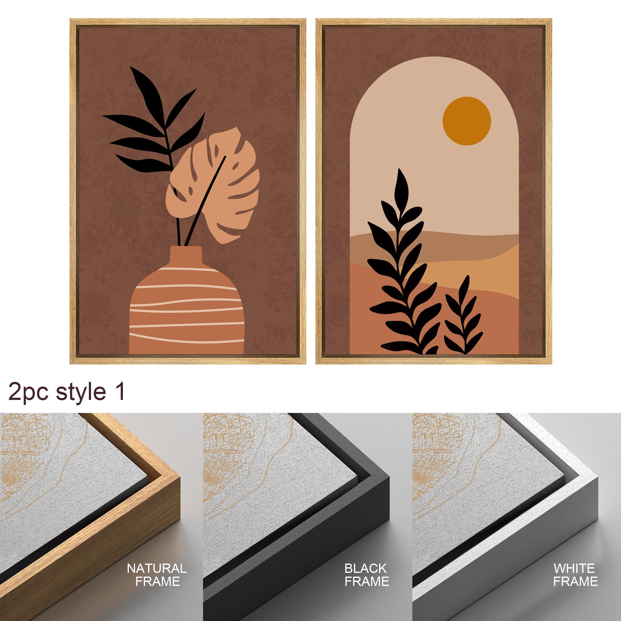 Framed Canvas Print Wall Art Set of 3 Tropical Desert Oasis Jungle Leaf Abstract Illustrations Mid Century Modern Art Boho Decor