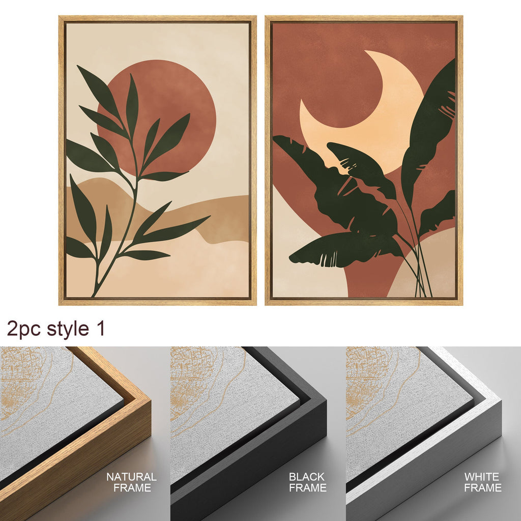 Framed Canvas Print Wall Art Set of 2 Tropical Desert Oasis Jungle Leaf Abstract Illustrations Mid Century Modern Art Boho Decor