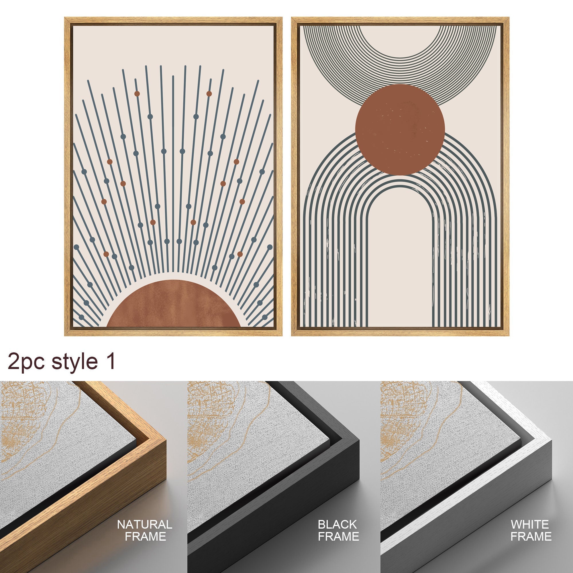 Framed Canvas Print Wall Art Set of 3 Geometric Sun Abstract Illustration Mid Century Modern Wall Art Minimalist Boho Decor