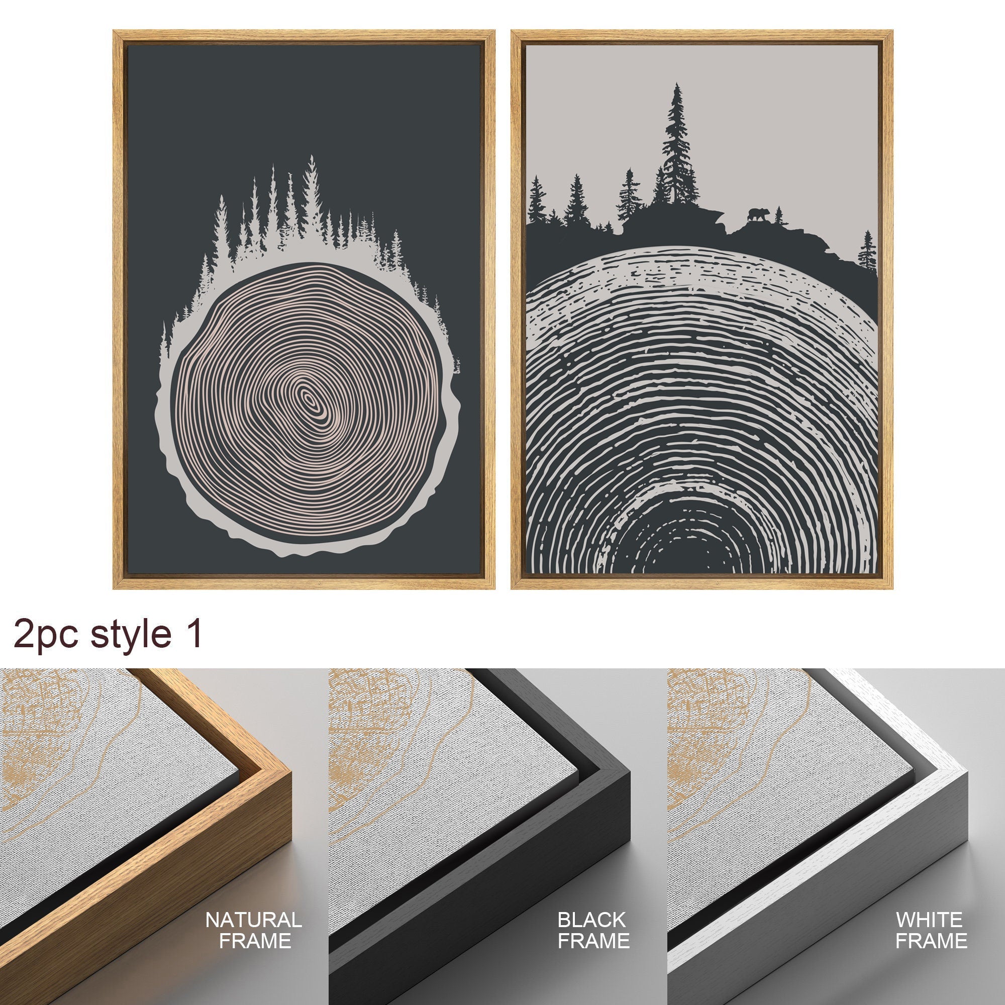Framed Canvas Print Wall Art Set of 3 Pastel Grunge Forest Tree Rings Abstract Illustrations Minimalist Modern Art Boho Decor